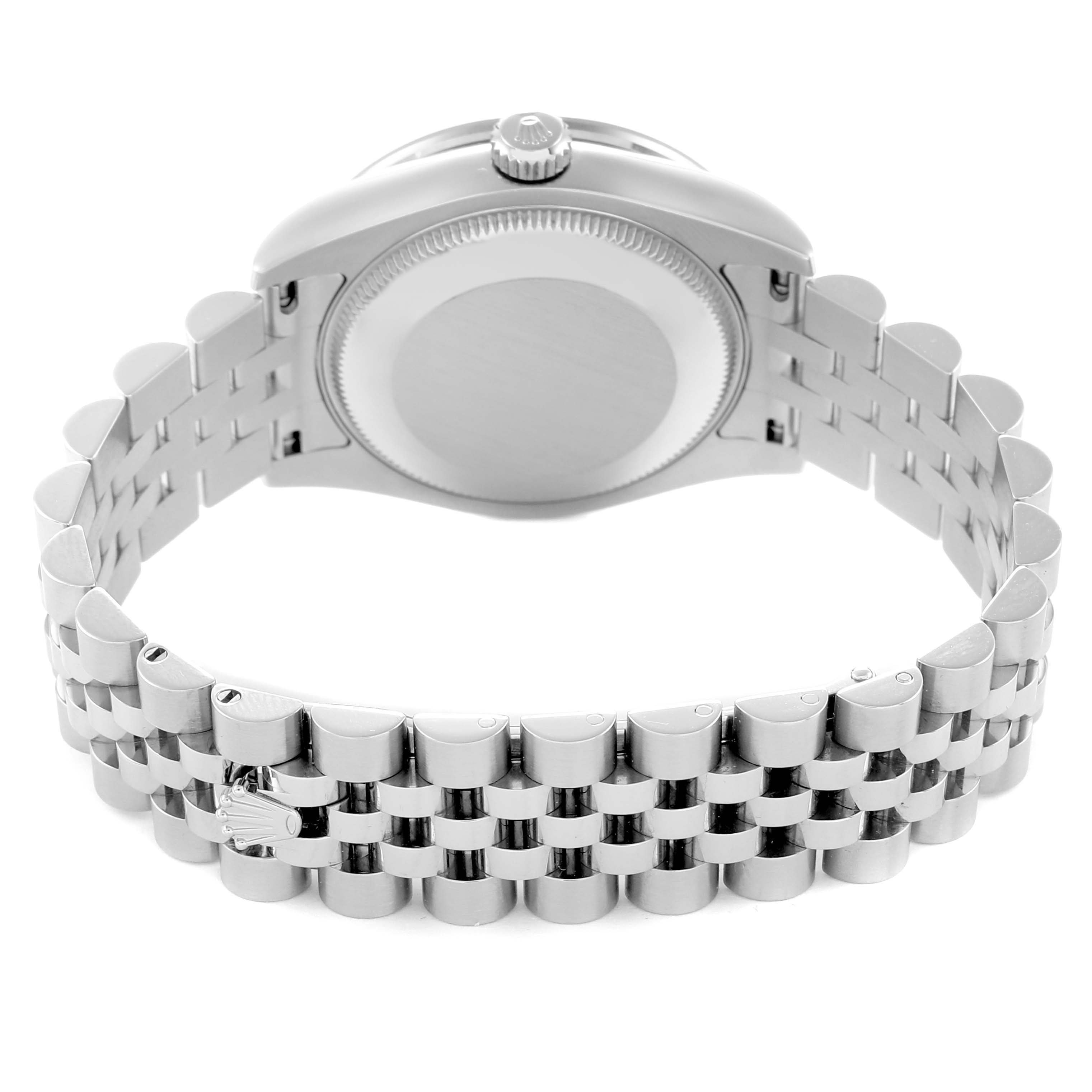 The image shows the back of the Rolex Mid-Size 178384 Women
s Stainless Steel Mother of Pearl Dial watch and its metal bracelet from a rear angle.