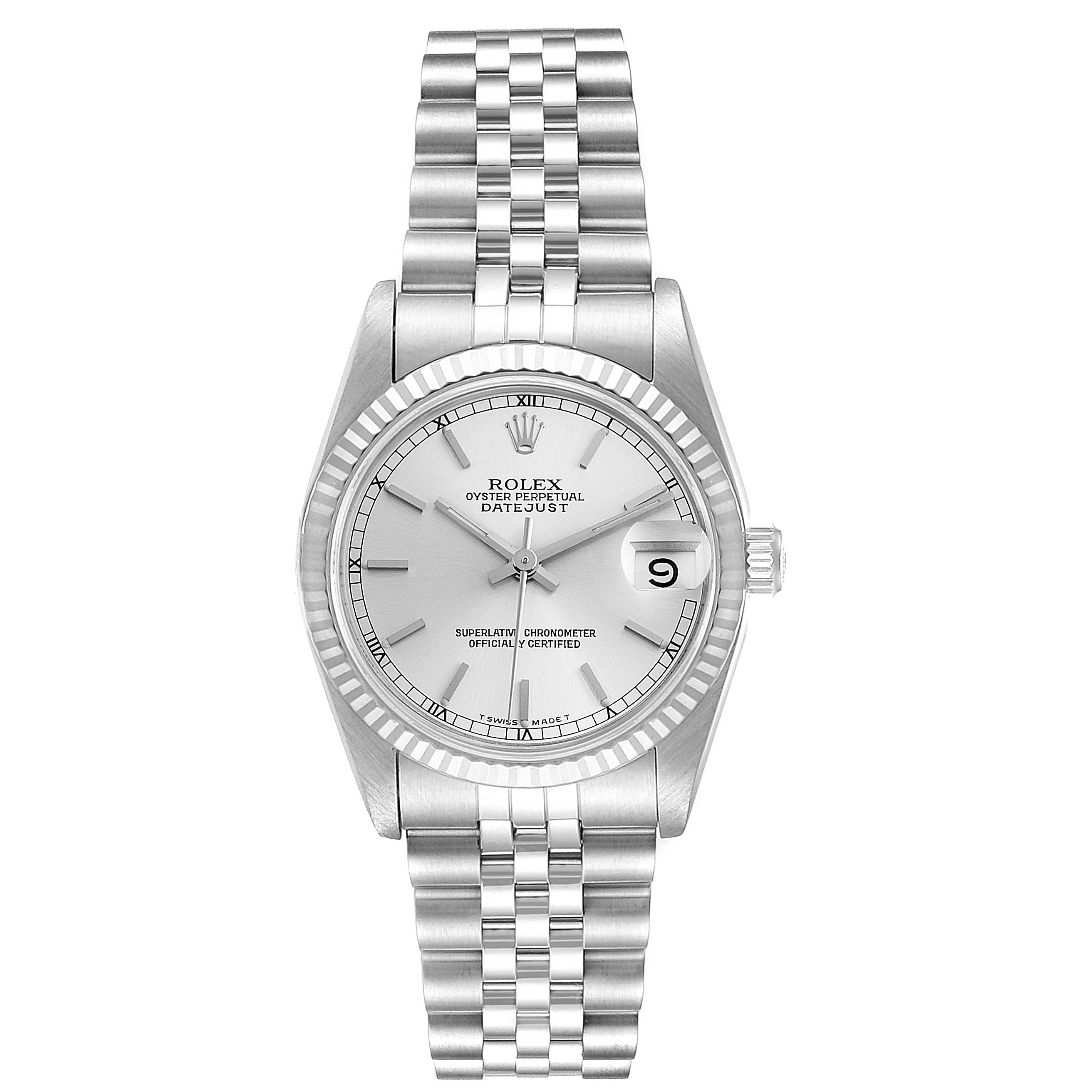 The image shows the front view of a Rolex Mid-Size 68274 Women
s Stainless Steel Silver Dial 68274 Women
s Stainless Steel Silver Dial Datejust watch, displaying its dial, bezel, and bracelet.
