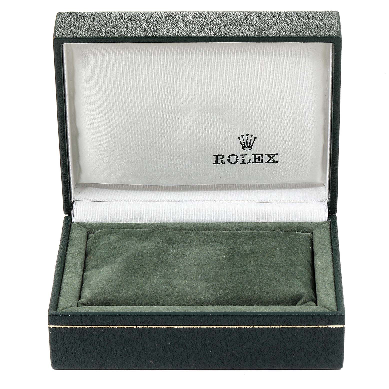 The image shows an open green and white Rolex box for the Mid-Size model, with a cushioned interior and the brand logo inside.