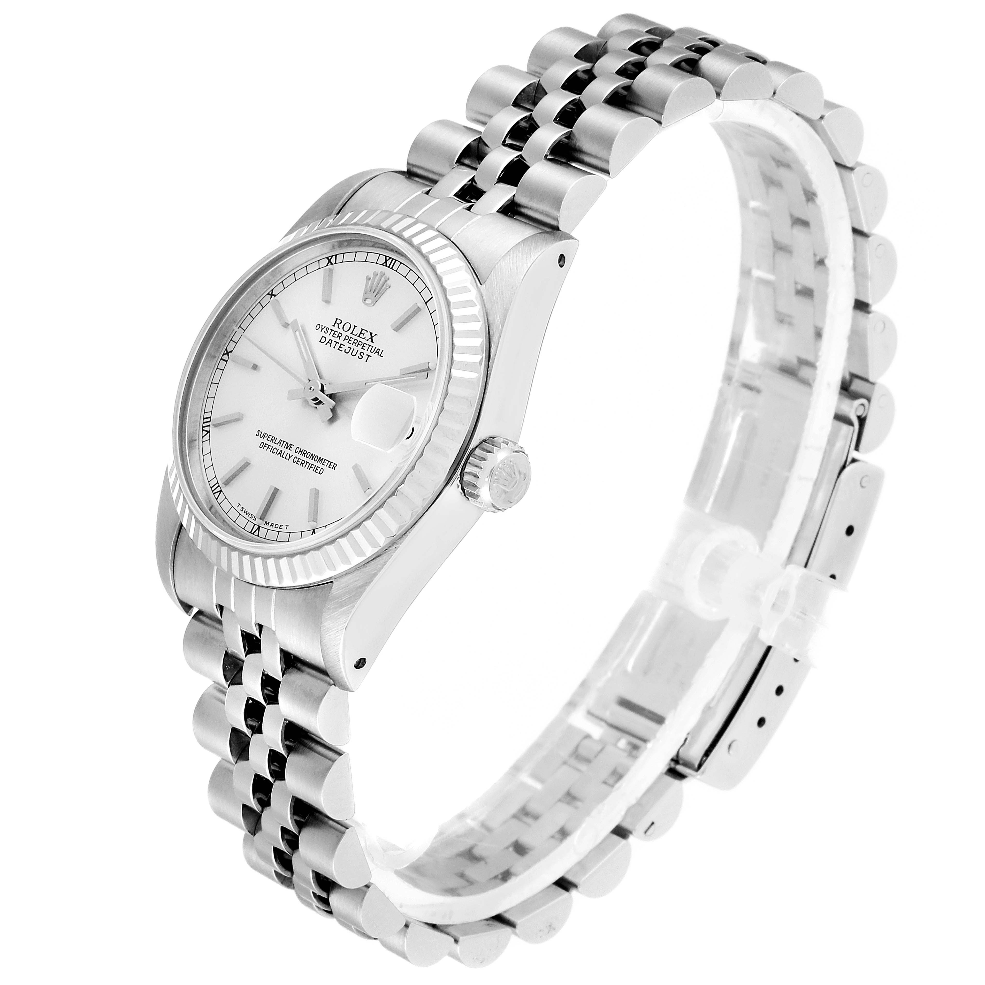 The image shows a Mid-Size Rolex Datejust watch at a three-quarter angle showcasing the dial, bezel, and bracelet.