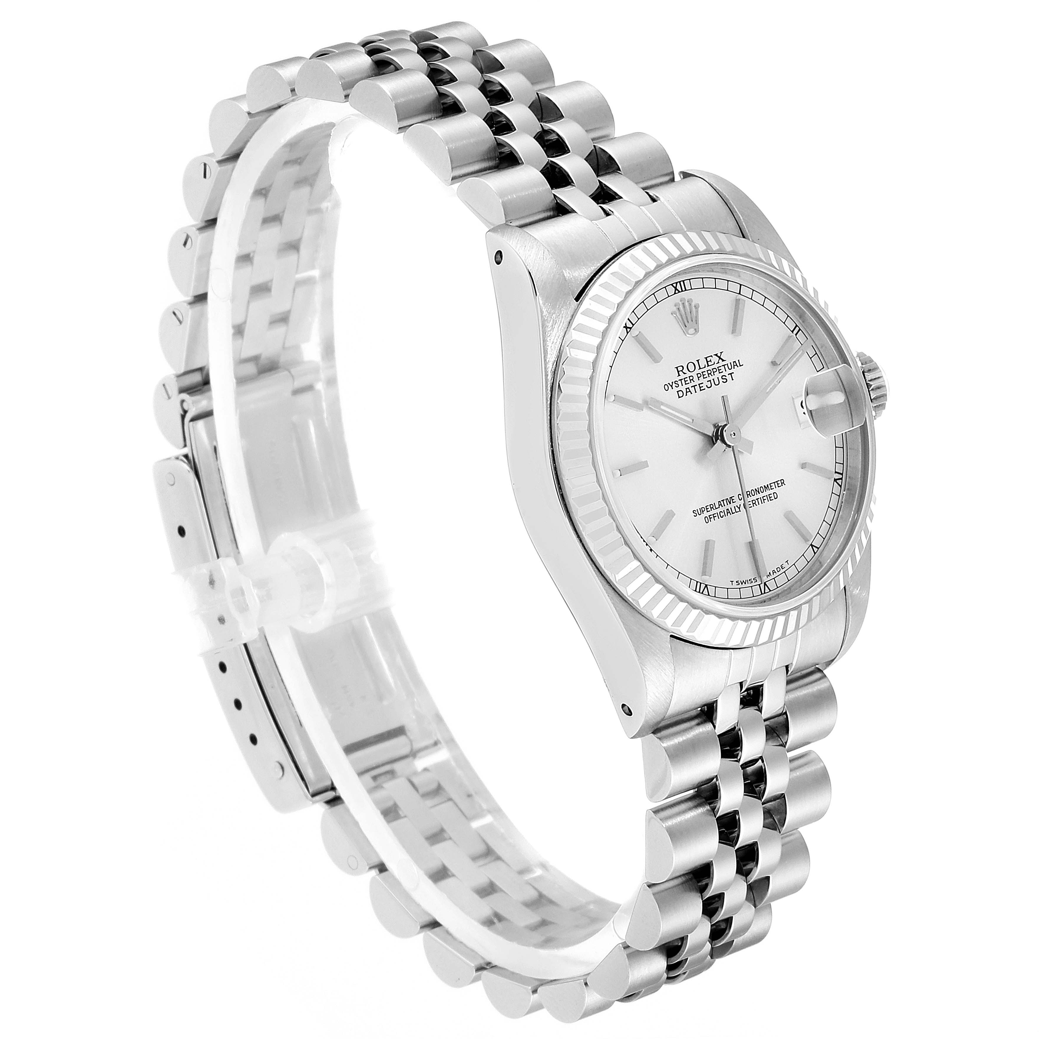 The Rolex Mid-Size 68274 Women
s Stainless Steel Silver Dial 68274 Women
s Stainless Steel Silver Dial watch is shown at a three-quarter angle, displaying its face, bezel, and Jubilee bracelet.
