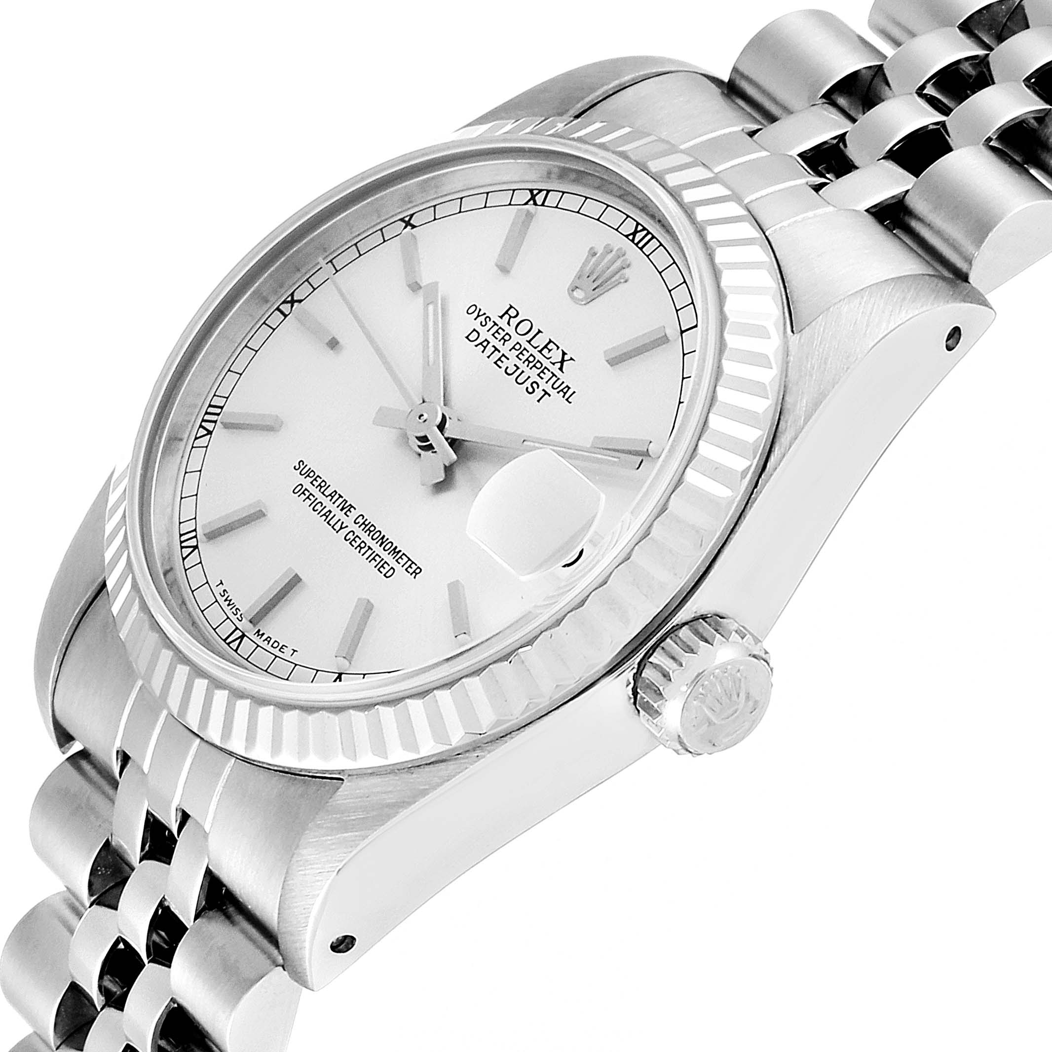 The image shows a Rolex Mid-Size 68274 Women
s Stainless Steel Silver Dial 68274 Women
s Stainless Steel Silver Dial Oyster Perpetual Datejust watch at a slight angle, highlighting its face, bezel, crown, and bracelet.