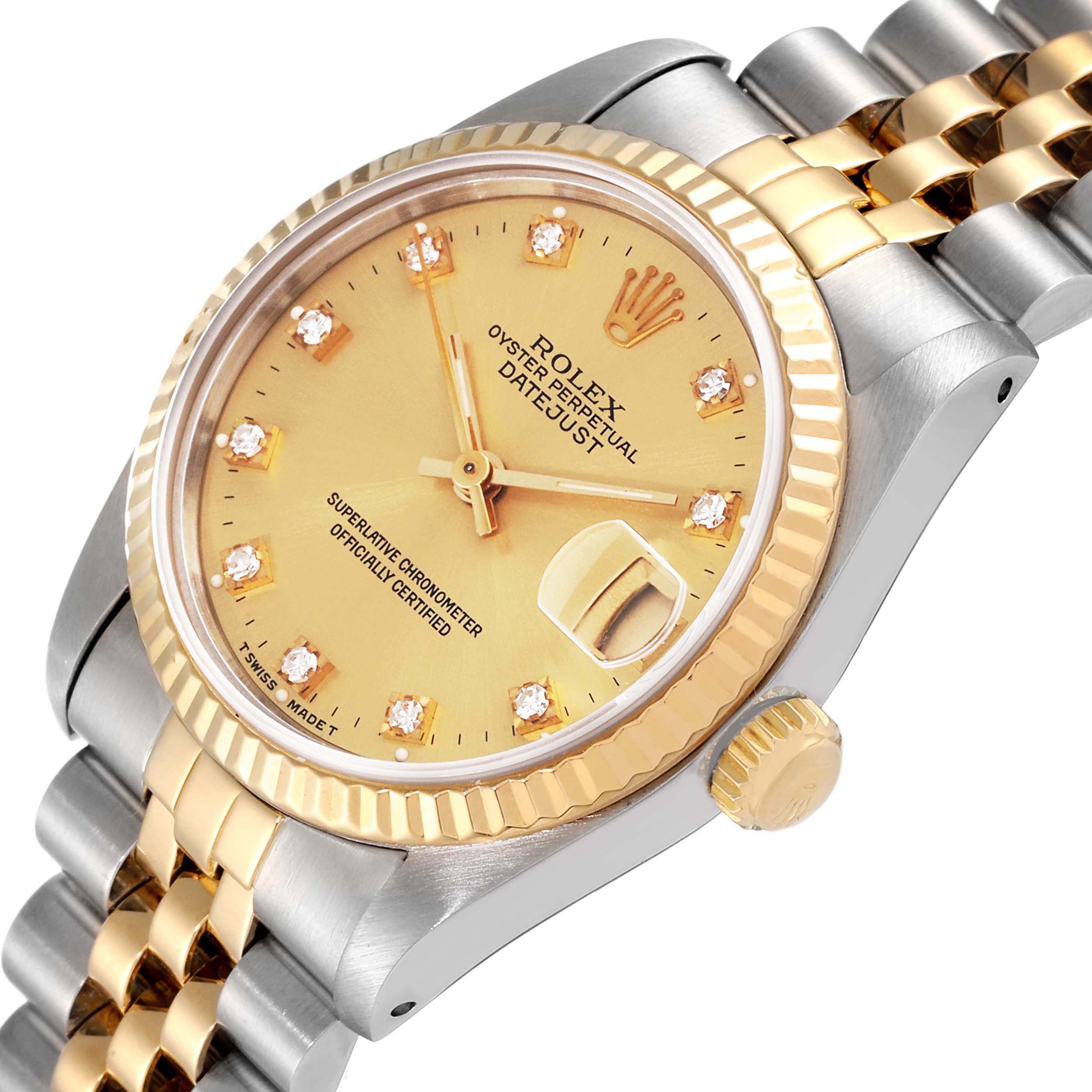The image shows a Rolex Datejust 68273 Women's Steel and Gold (two tone) Champagne Dial 68273 Women's Steel and Gold (two tone) Champagne Dial watch at an angled view, highlighting its gold bezel, crown, and part of the bracelet.