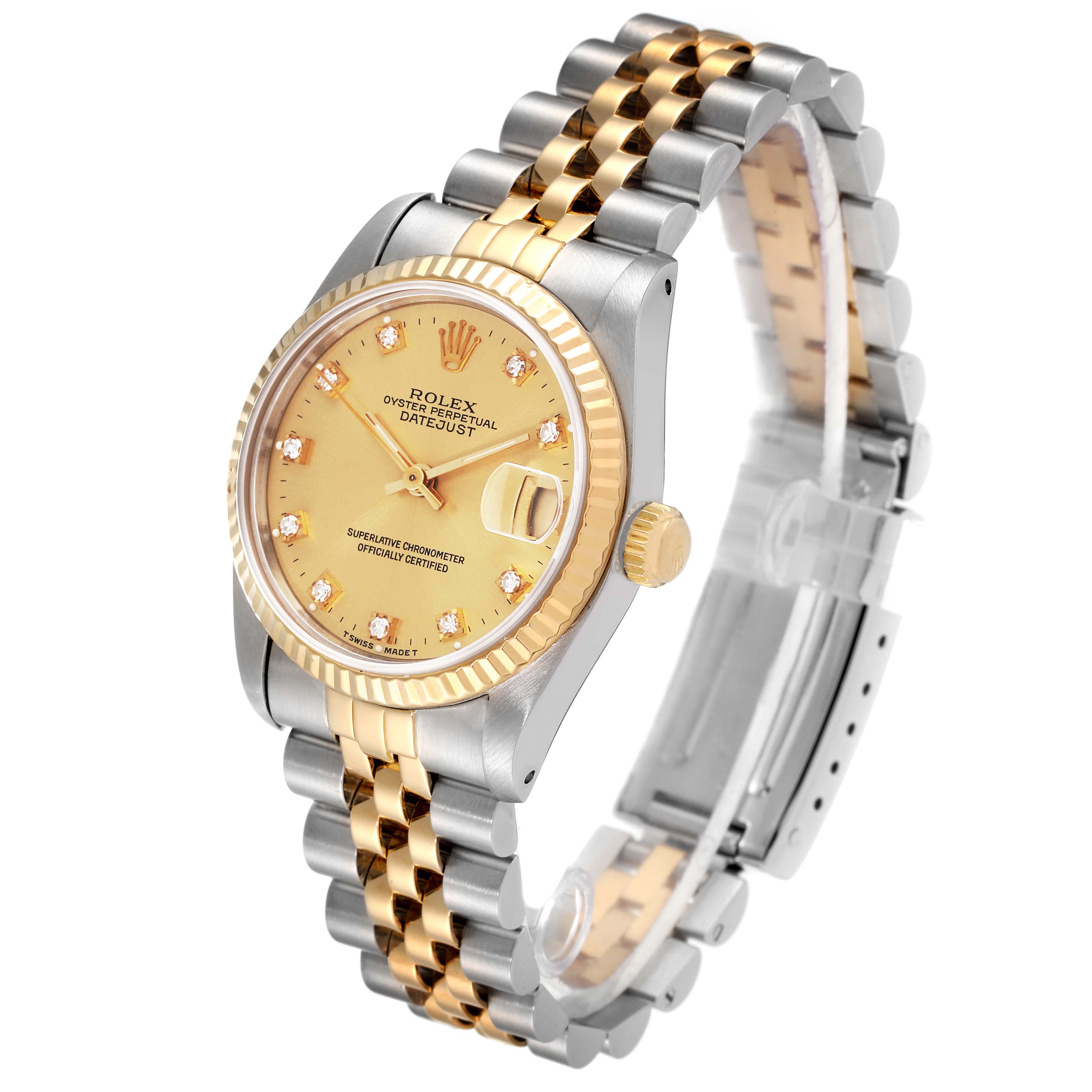 The image shows a Rolex Datejust 68273 Women's Steel and Gold (two tone) Champagne Dial 68273 Women's Steel and Gold (two tone) Champagne Dial watch at a slight side angle, highlighting its face, bezel, crown, and Jubilee bracelet.