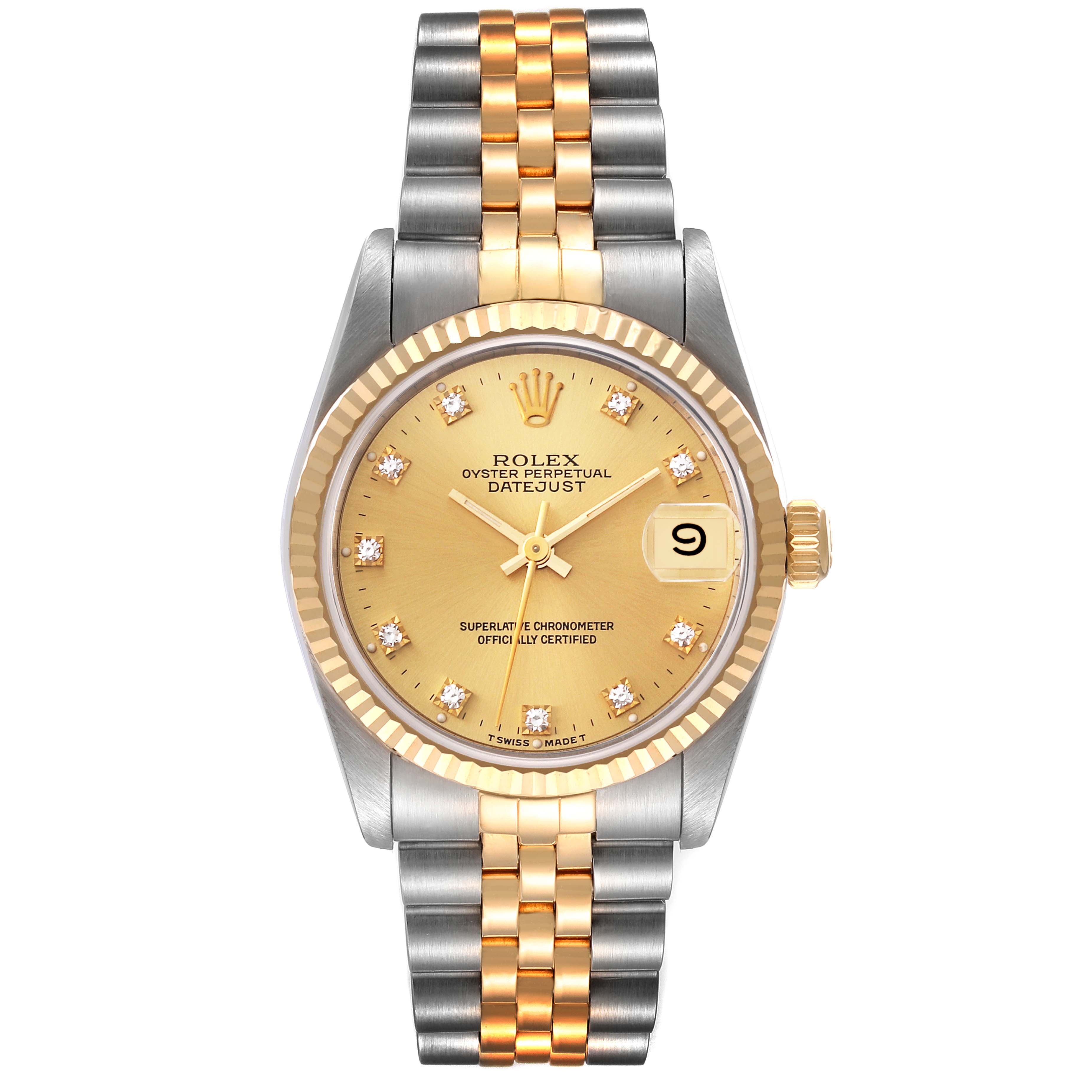 This image shows a front view of a Rolex Datejust 68273 Women's Steel and Gold (two tone) Champagne Dial 68273 Women's Steel and Gold (two tone) Champagne Dial watch, highlighting its gold dial, fluted bezel, and two-tone bracelet.
