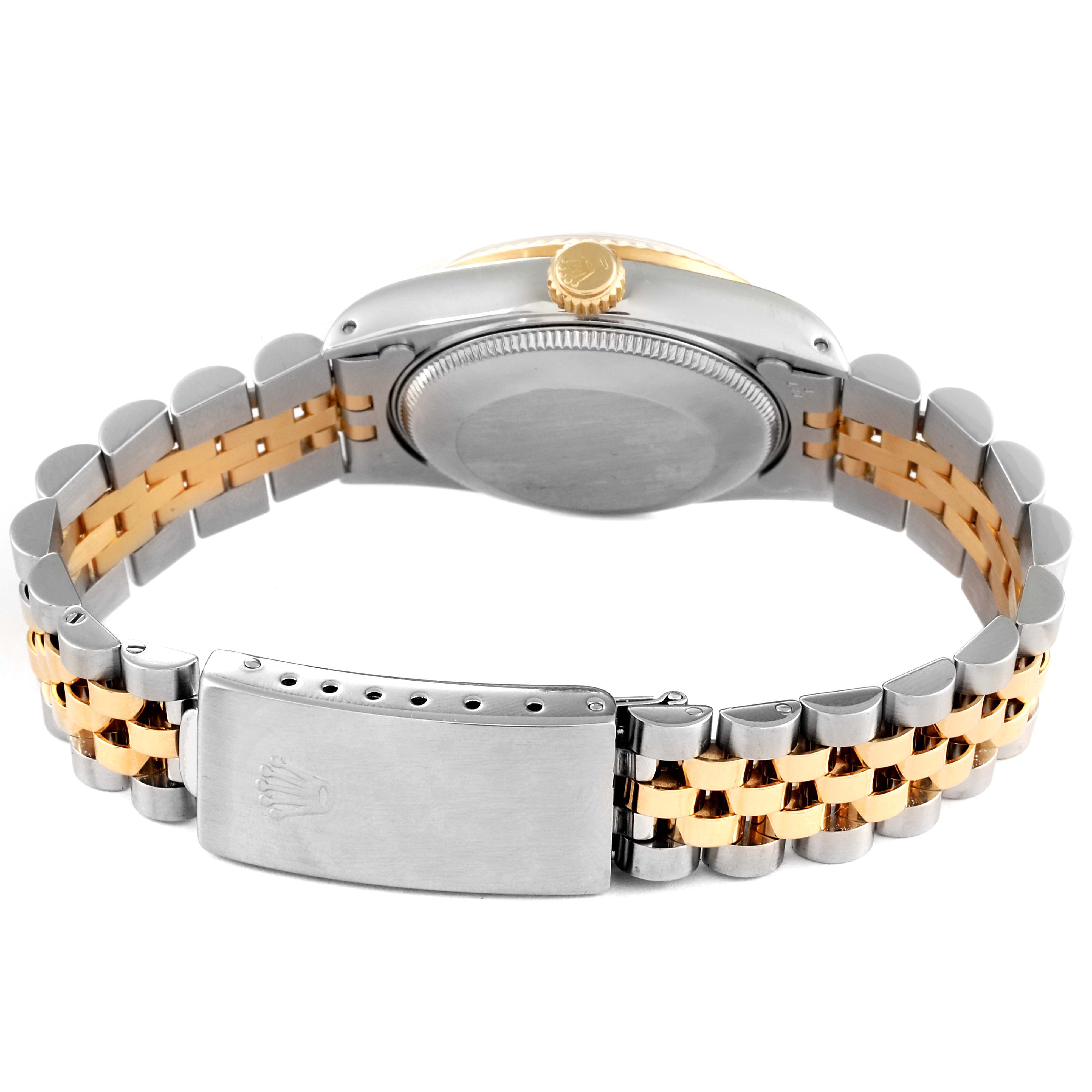 The image shows the back and sides of a Rolex Datejust 68273 Women's Steel and Gold (two tone) Champagne Dial 68273 Women's Steel and Gold (two tone) Champagne Dial watch, focusing on the clasp, case back, and two-tone bracelet.
