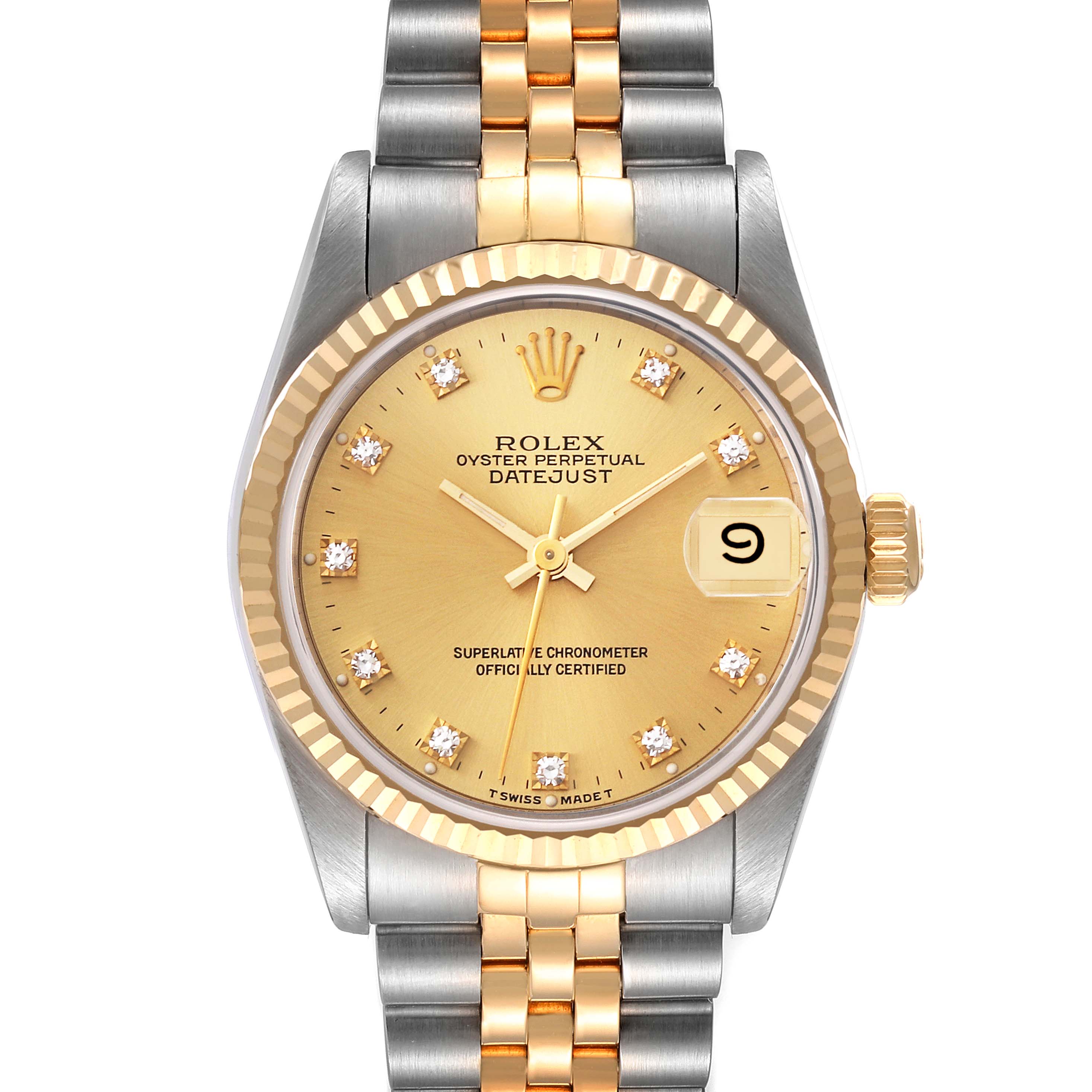 This image shows a frontal view of a Rolex Datejust 68273 Women's Steel and Gold (two tone) Champagne Dial 68273 Women's Steel and Gold (two tone) Champagne Dial watch featuring a gold dial, diamond hour markers, and a two-tone bracelet.