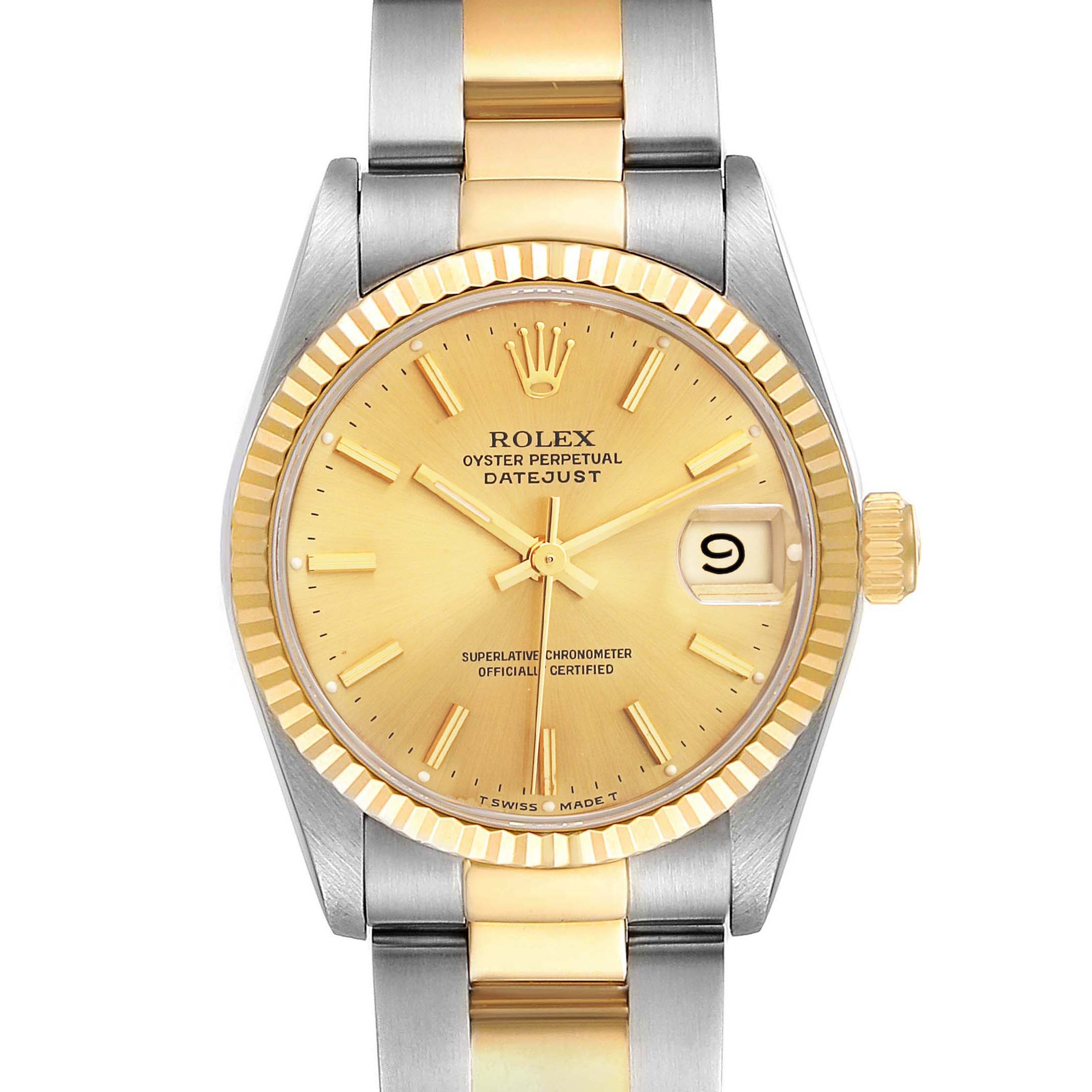 This image shows a frontal view of a Rolex Mid-Size 68273 Women
s Steel and Gold (two tone) Champagne Dial 68273 Women
s Steel and Gold (two tone) Champagne Dial Oyster Perpetual Datejust watch, highlighting its face, bezel, and bracelet.