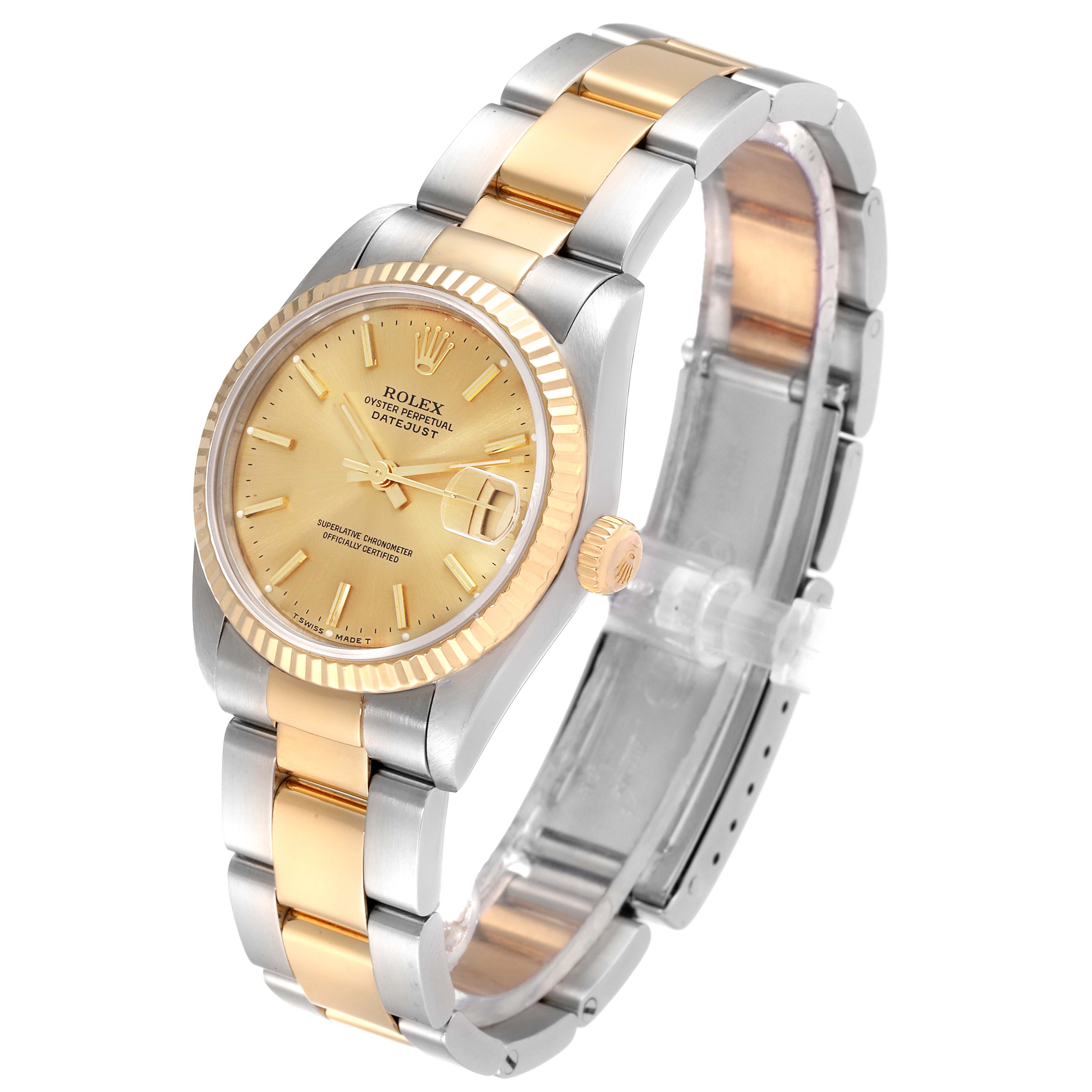 The image shows a Rolex Mid-Size 68273 Women
s Steel and Gold (two tone) Champagne Dial 68273 Women
s Steel and Gold (two tone) Champagne Dial Datejust watch from a front angle, highlighting the dial, bezel, bracelet, and clasp.