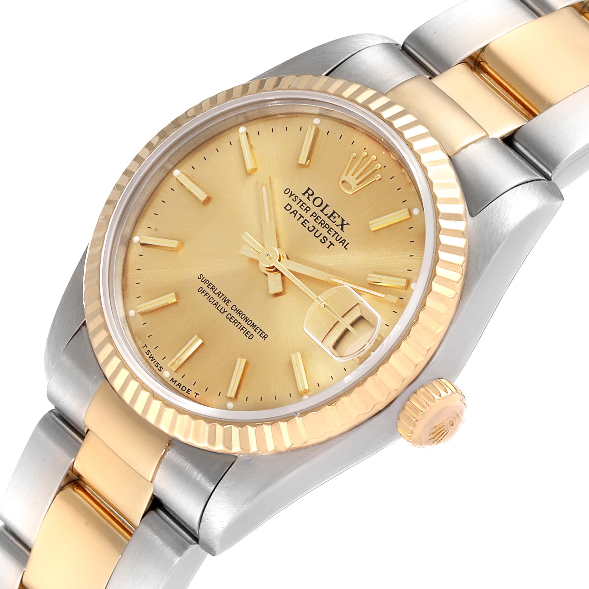 This image shows a close-up angle of a Rolex Datejust Mid-Size watch displaying the dial, bezel, crown, and part of the bracelet.