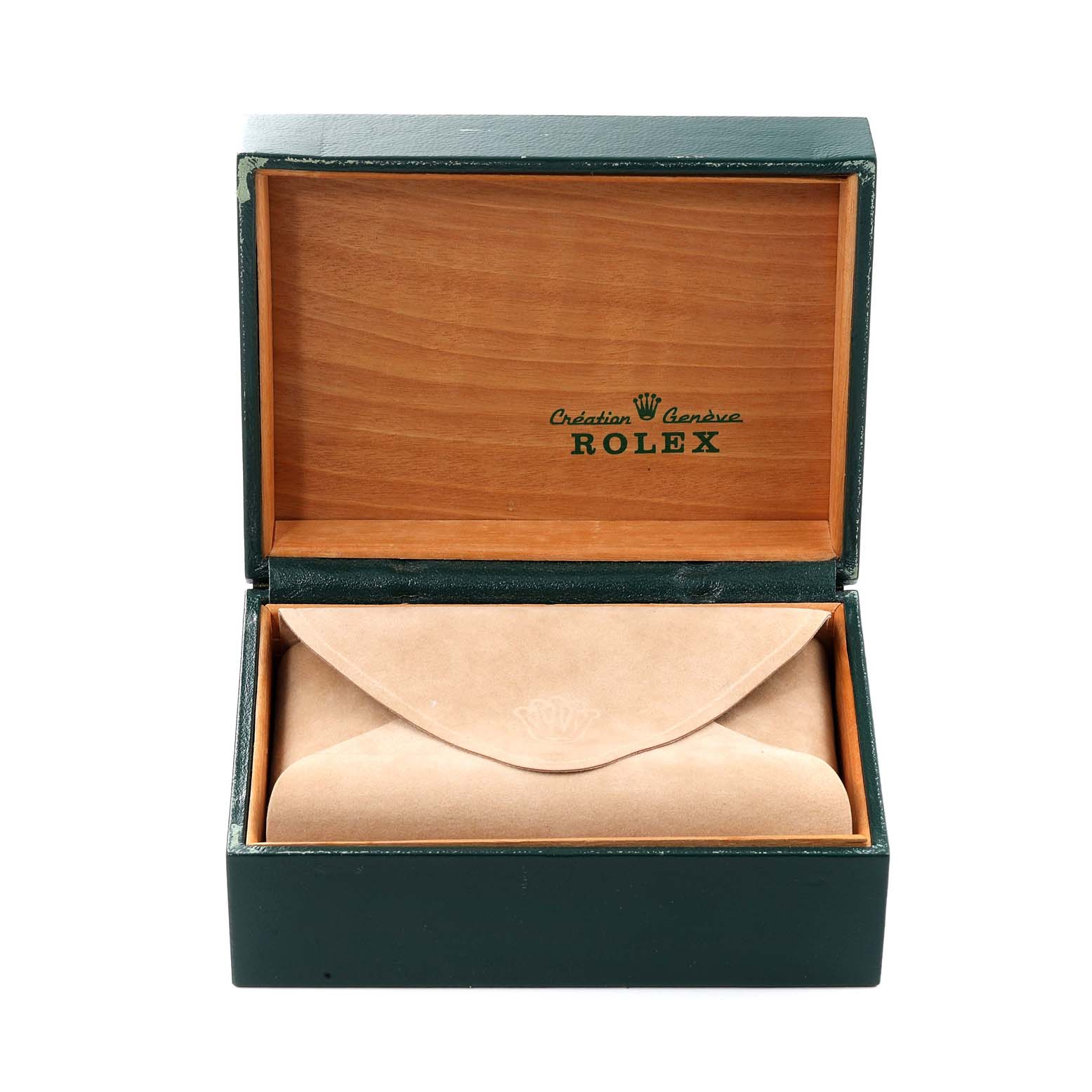 The image shows an open green Rolex box containing a beige pouch inside.