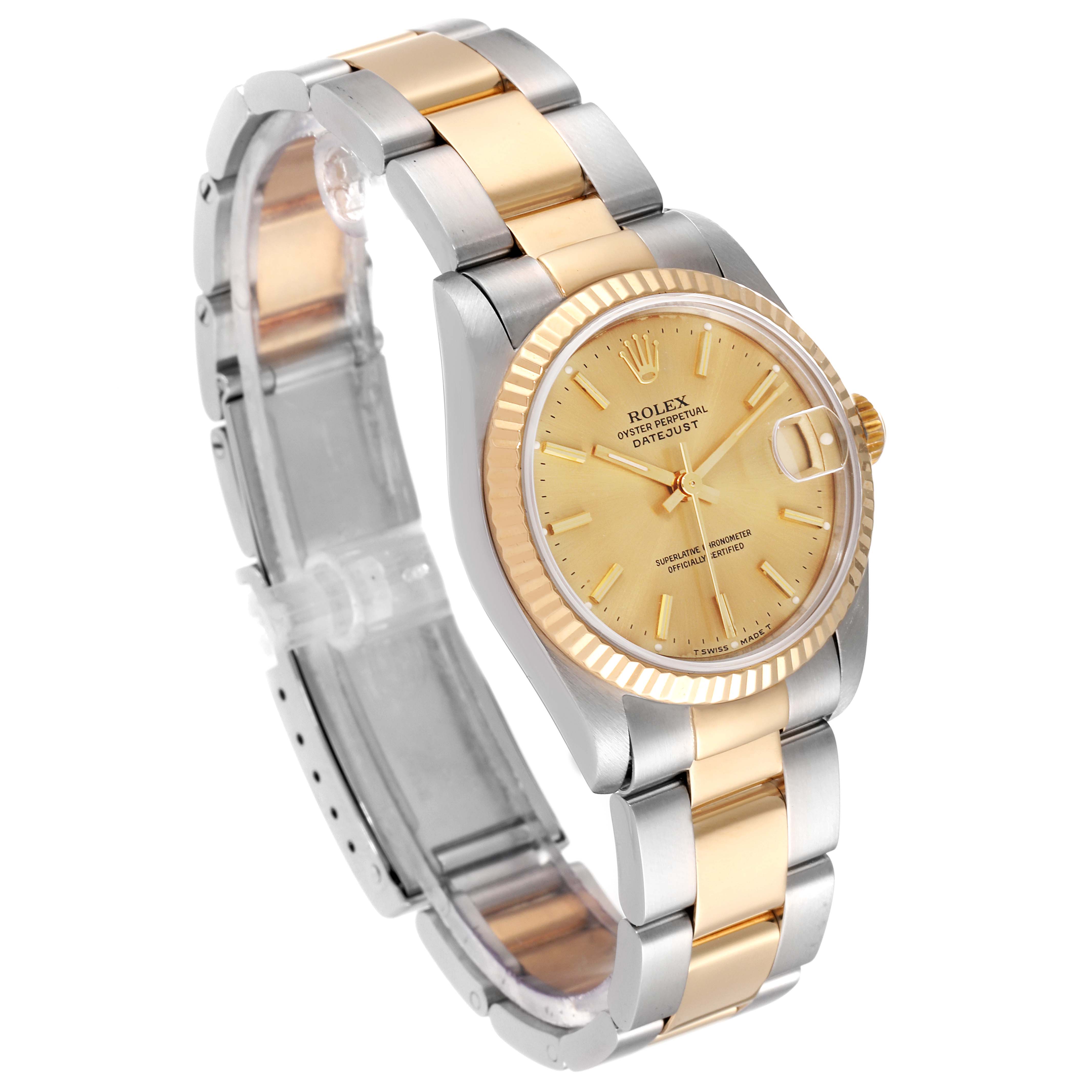 This image shows a Rolex Mid-Size 68273 Women
s Steel and Gold (two tone) Champagne Dial 68273 Women
s Steel and Gold (two tone) Champagne Dial watch at a tilted angle, highlighting its gold and silver strap, face, and fluted bezel.