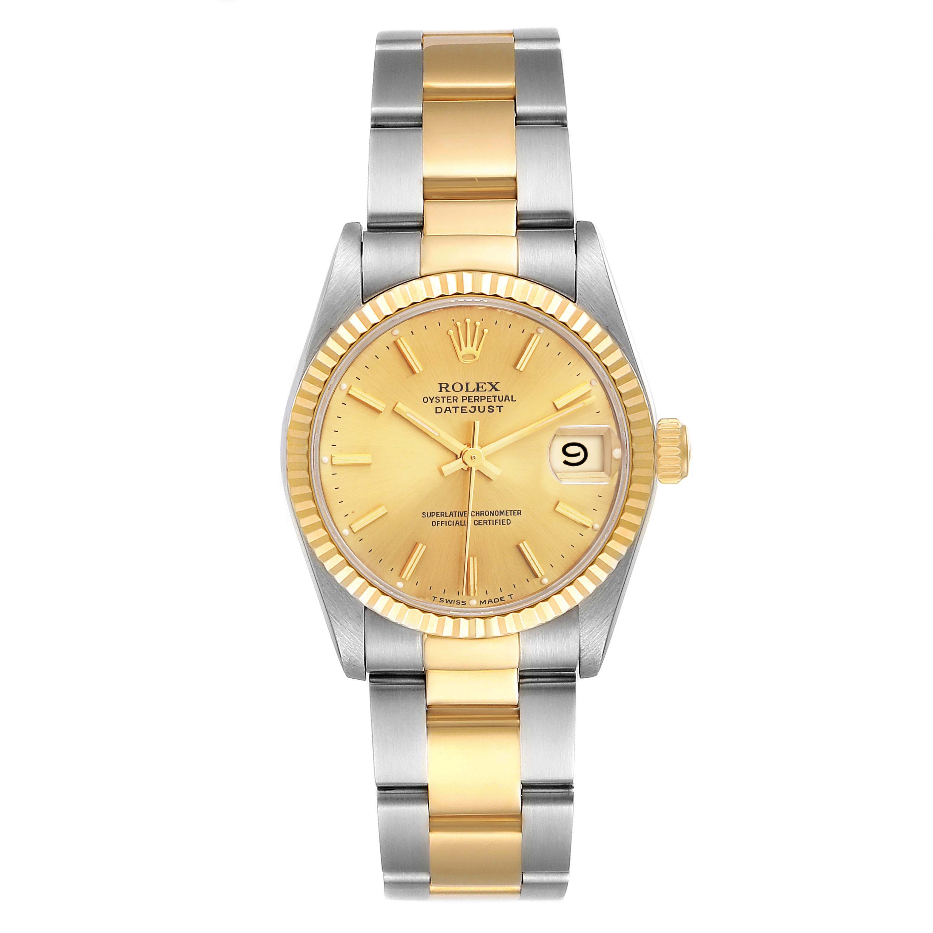 This image shows a front view of a Rolex Mid-Size 68273 Women
s Steel and Gold (two tone) Champagne Dial 68273 Women
s Steel and Gold (two tone) Champagne Dial Datejust watch, featuring a gold dial, a two-tone bracelet, and a date window.