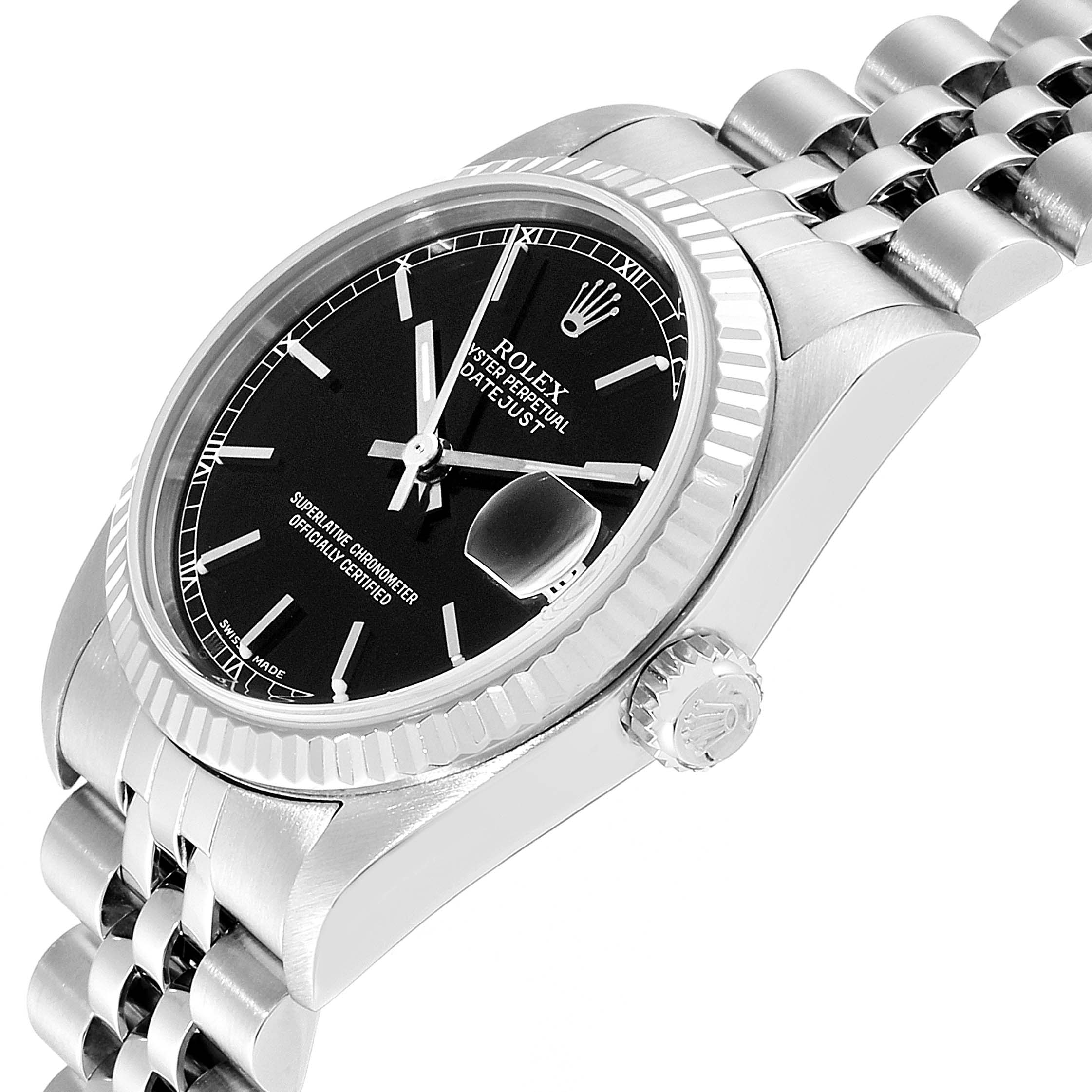 This image shows a side view of the Rolex Mid-Size 78274 Women
s Stainless Steel Black Dial 78274 Women
s Stainless Steel Black Dial Datejust watch, highlighting the black dial, bezel, crown, and part of the bracelet.