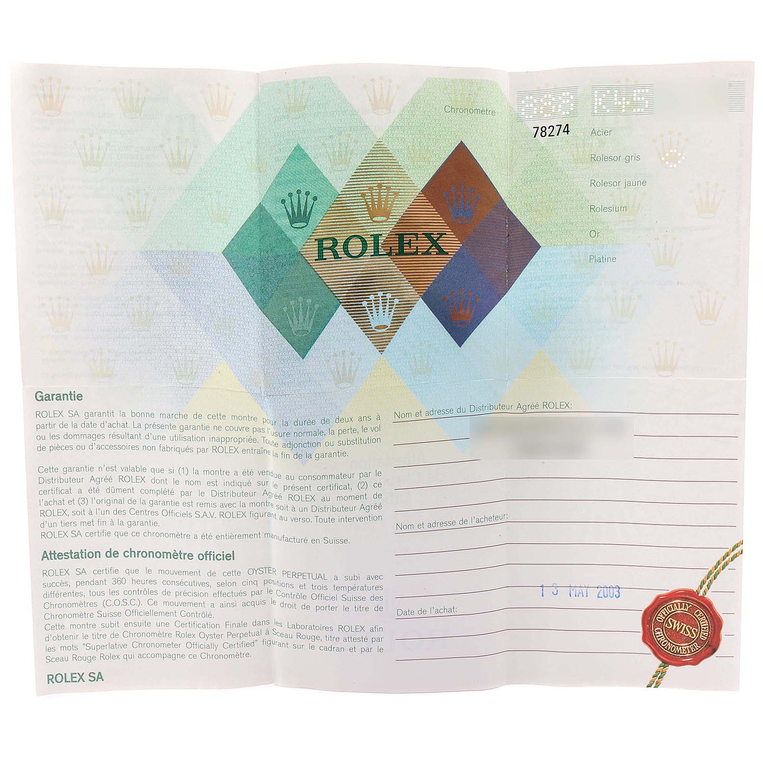 This image shows a warranty booklet for a Rolex Mid-Size 78274 Women
s Stainless Steel Black Dial 78274 Women
s Stainless Steel Black Dial model, featuring product details, guarantees, and Best Quality
ation.