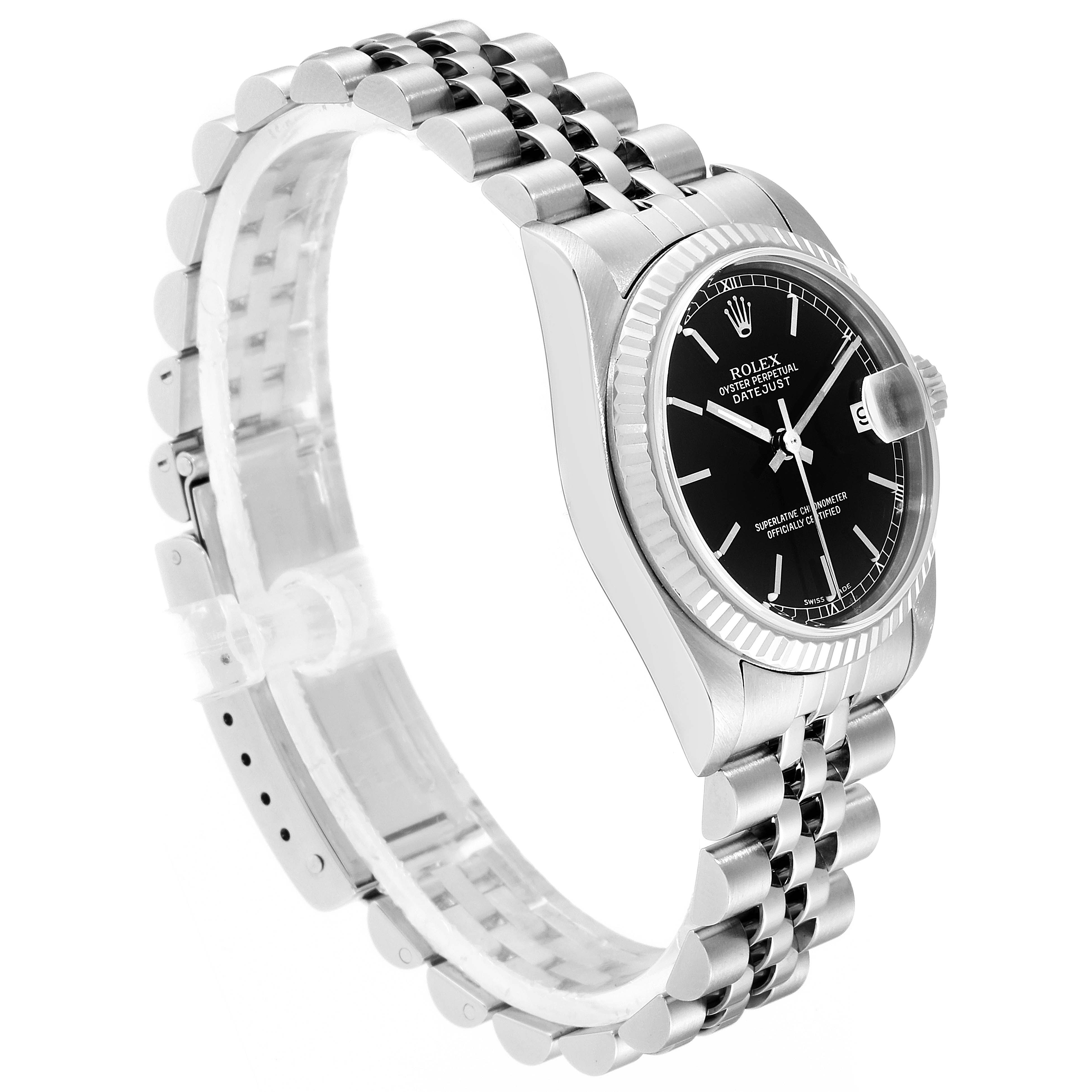The image shows a side angle of a Mid-Size Rolex Oyster Perpetual Datejust, highlighting the case, dial, and bracelet.