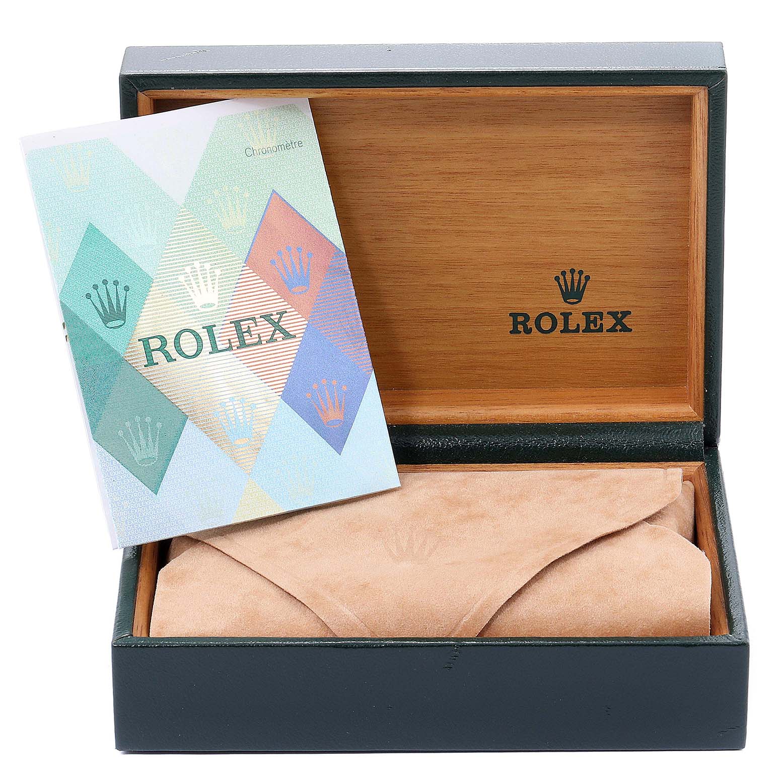 This image shows a Rolex Mid-Size 78274 Women
s Stainless Steel Black Dial 78274 Women
s Stainless Steel Black Dial model
s packaging with the watch box, manual, and a suede pouch.