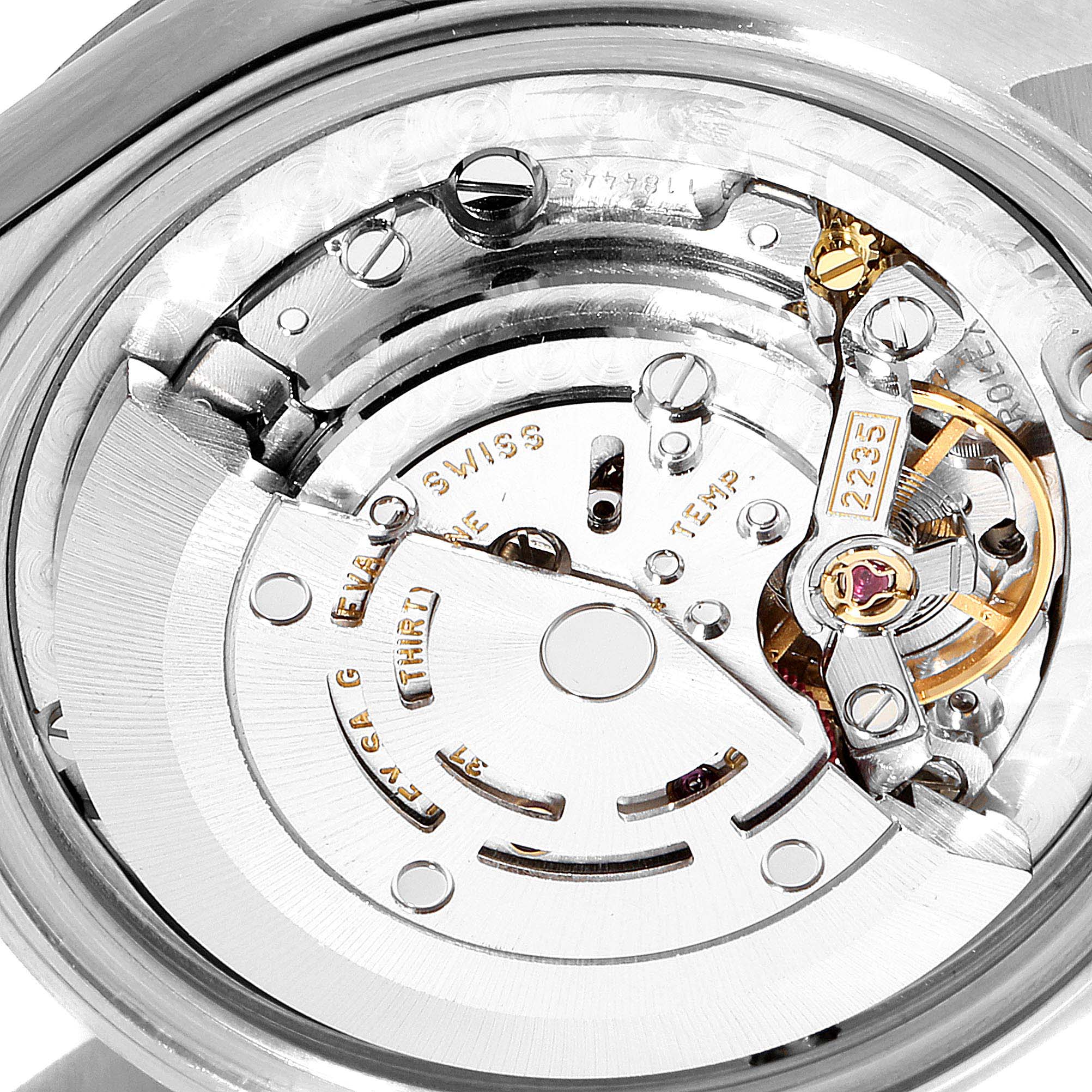 This image shows the internal movement mechanism of a Rolex Mid-Size 78274 Women
s Stainless Steel Black Dial 78274 Women
s Stainless Steel Black Dial model watch from a close-up angle.