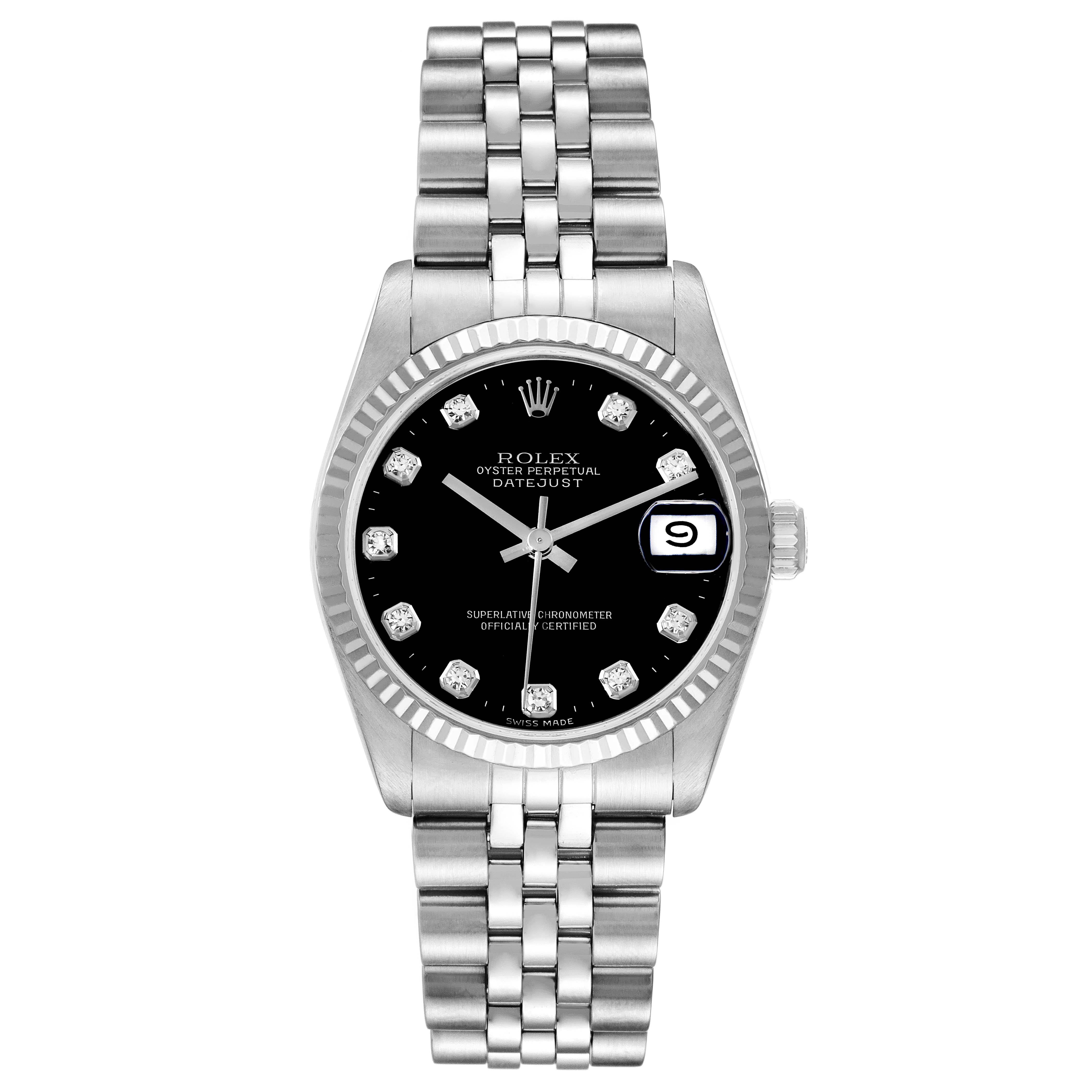 This image shows a front view of the Rolex Oyster Perpetual Datejust Mid-Size watch with a black dial and diamond hour markers.