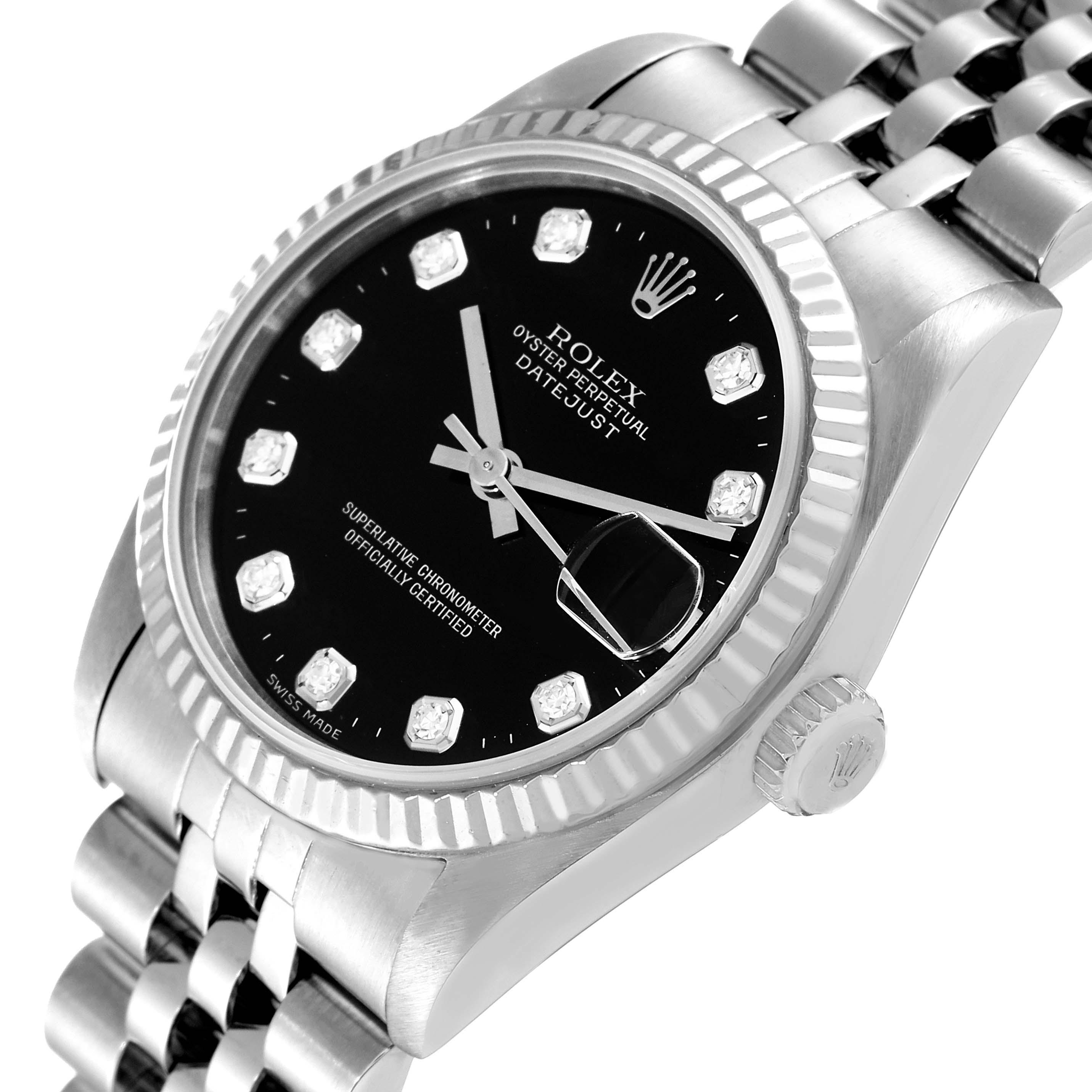 The image shows a close-up of the Rolex Oyster Perpetual Datejust Mid-Size model, highlighting the watch face, case, crown, and bracelet.