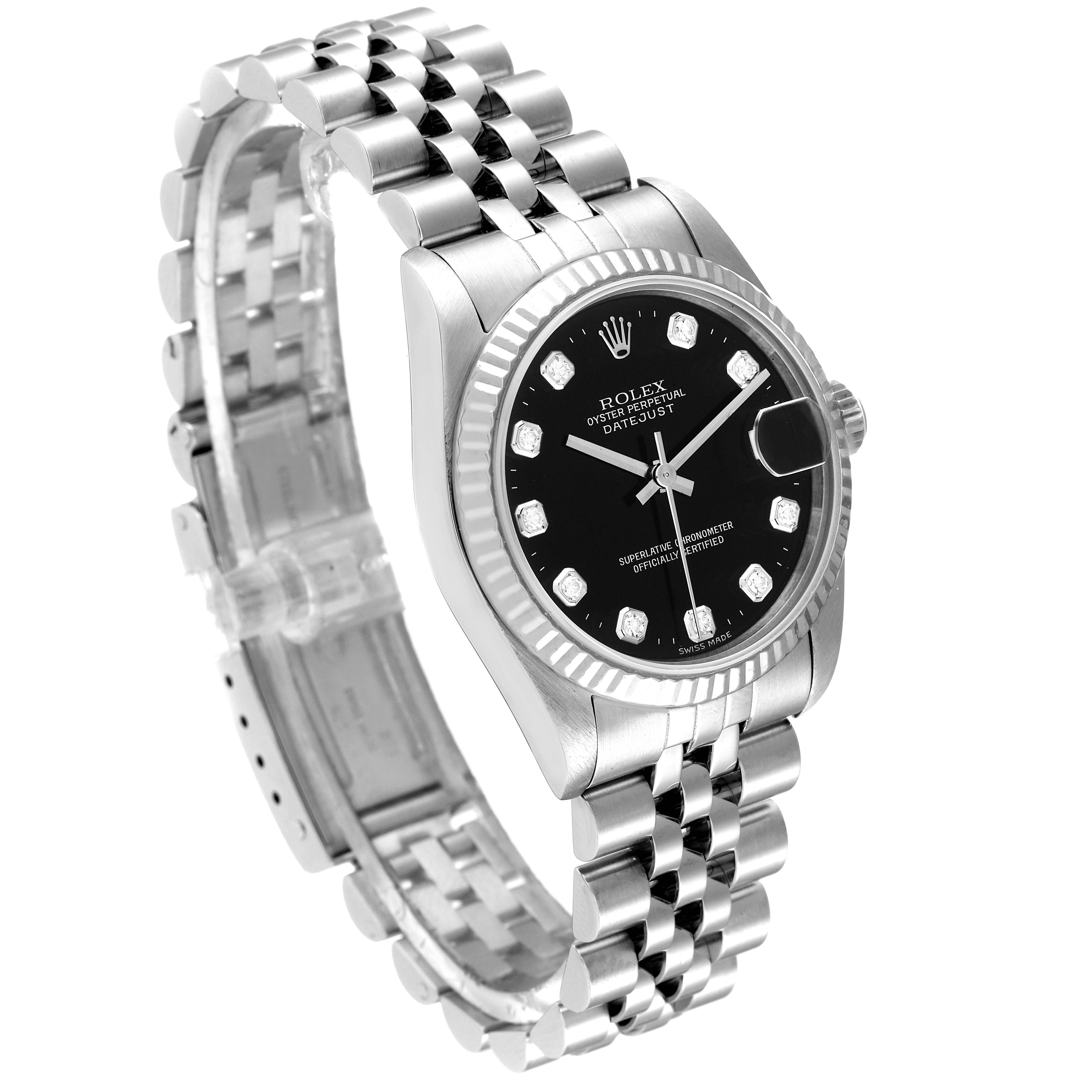 The image shows a Rolex Datejust Mid-Size model, angled to display its face, bezel, crown, and Jubilee bracelet.