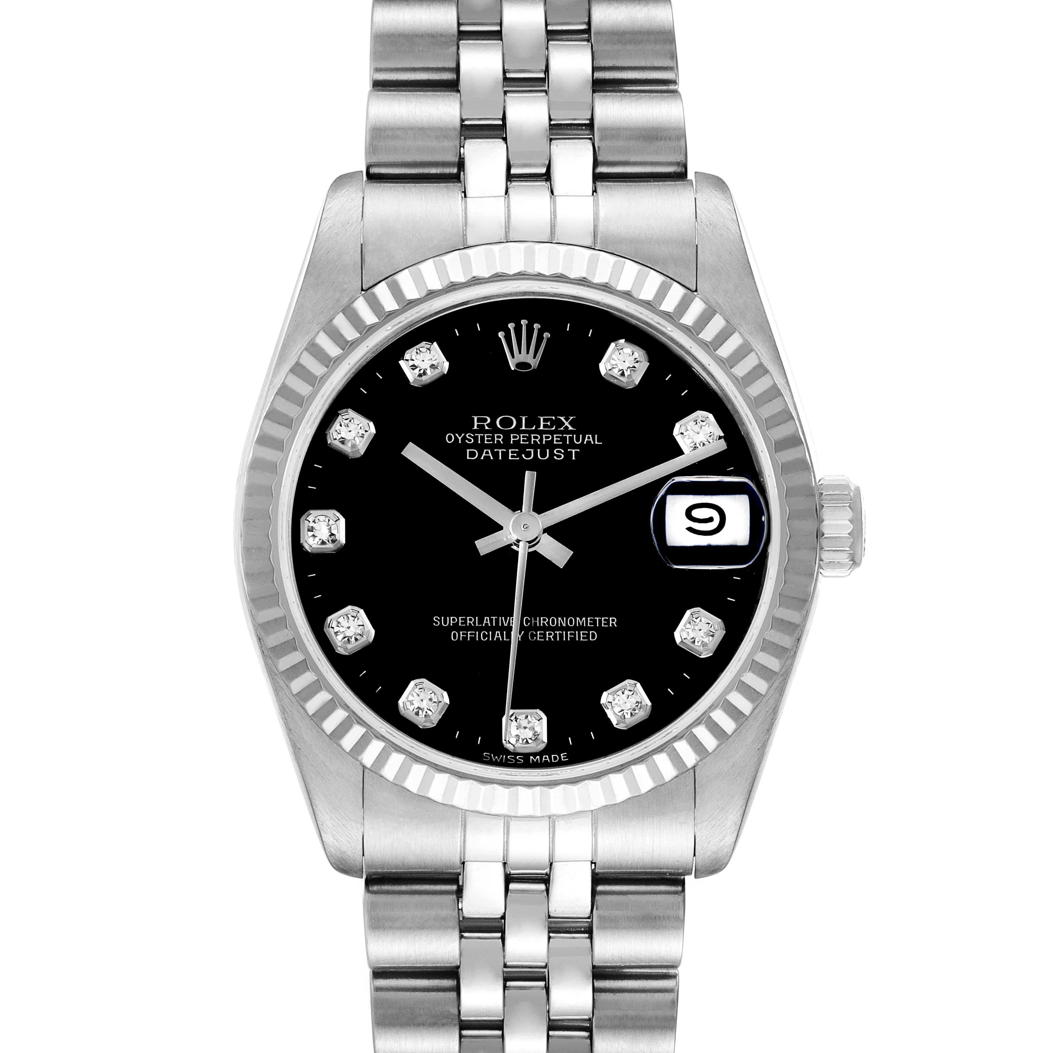 This image shows a Rolex Mid-Size 68274 Women
s Stainless Steel Black Dial 68274 Women
s Stainless Steel Black Dial Oyster Perpetual Datejust watch, viewed from the front, displaying its face, bezel, and bracelet.