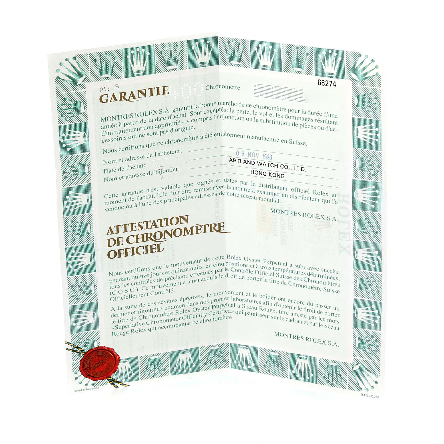 The image shows a warranty certificate for a Mid-Size Rolex watch, featuring green and white border designs and a red seal.