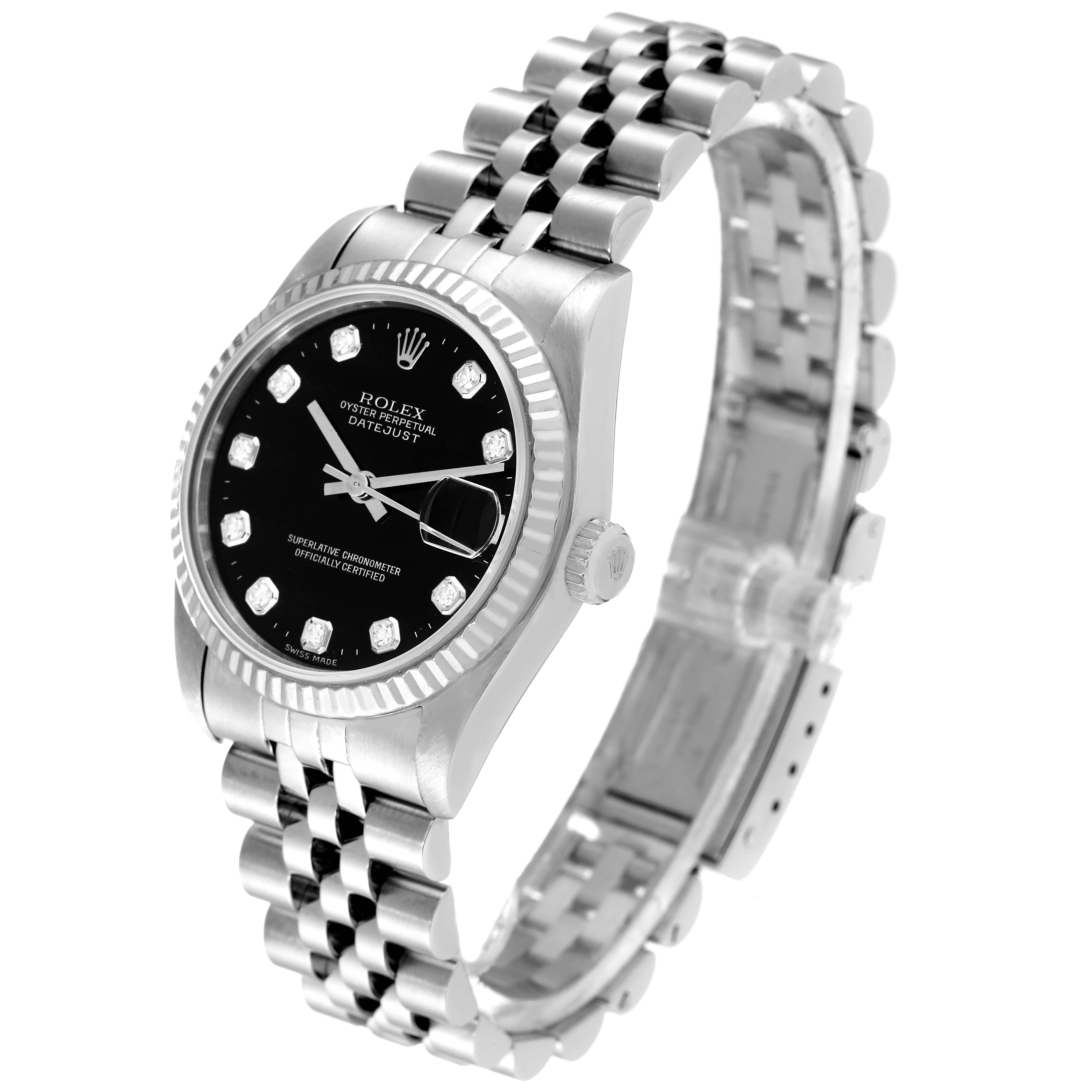 The image shows a Rolex Oyster Perpetual Datejust Mid-Size watch at a three-quarter angle, highlighting the dial, bezel, crown, and band.