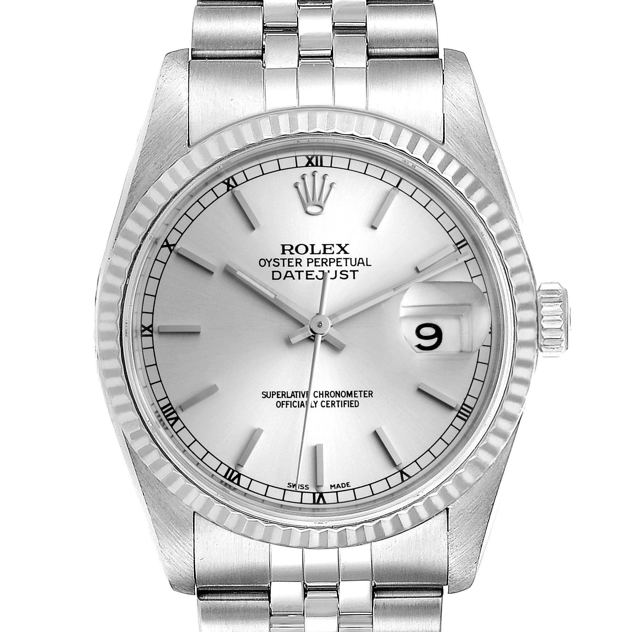 The image shows a front view of a Rolex Datejust 16234 Men's Stainless Steel Silver Dial 16234 Men's Stainless Steel Silver Dial watch, featuring its face, bezel, and part of the bracelet.