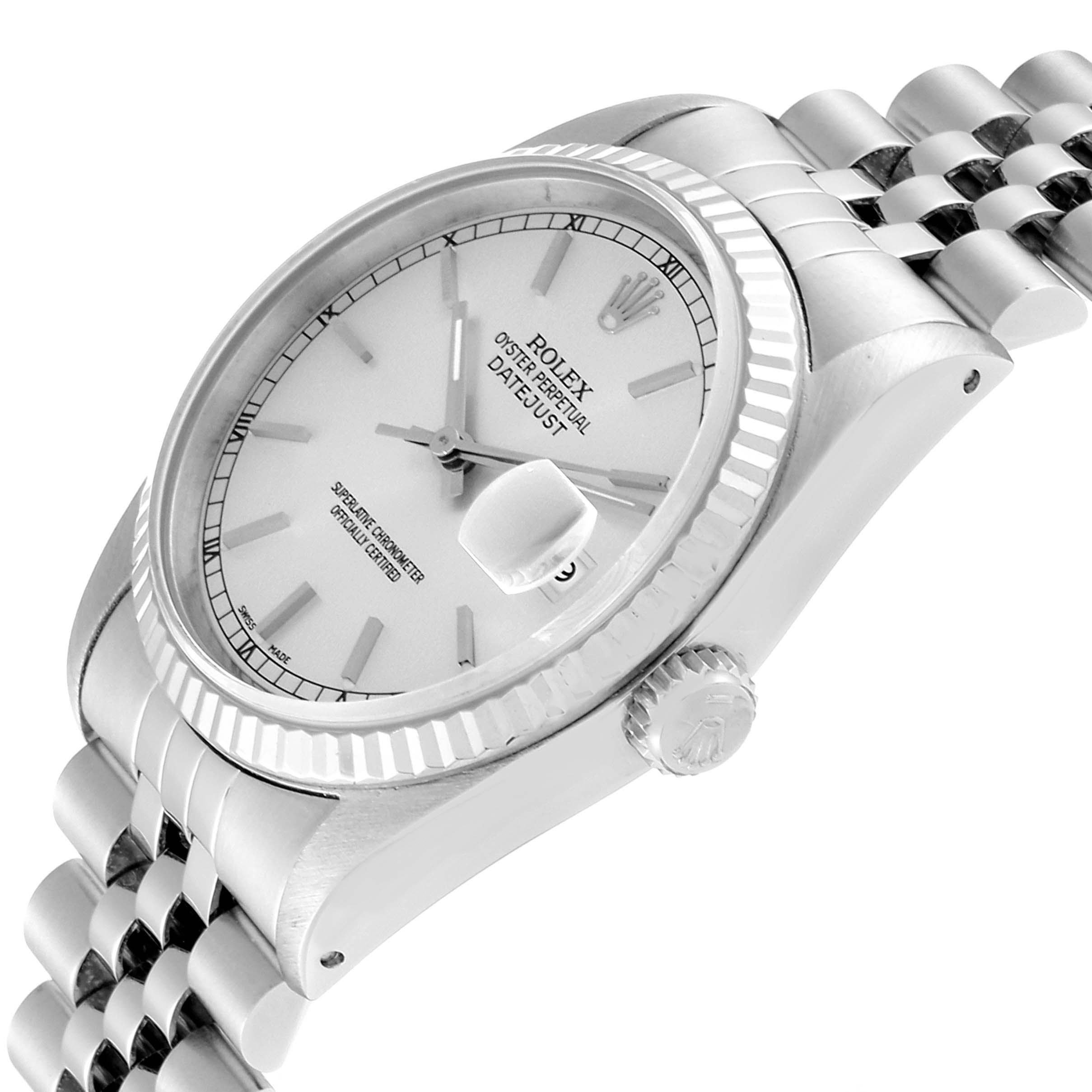 The Rolex Datejust 16234 Men's Stainless Steel Silver Dial 16234 Men's Stainless Steel Silver Dial watch is shown at an angled view, displaying the dial, fluted bezel, crown, and part of the bracelet.