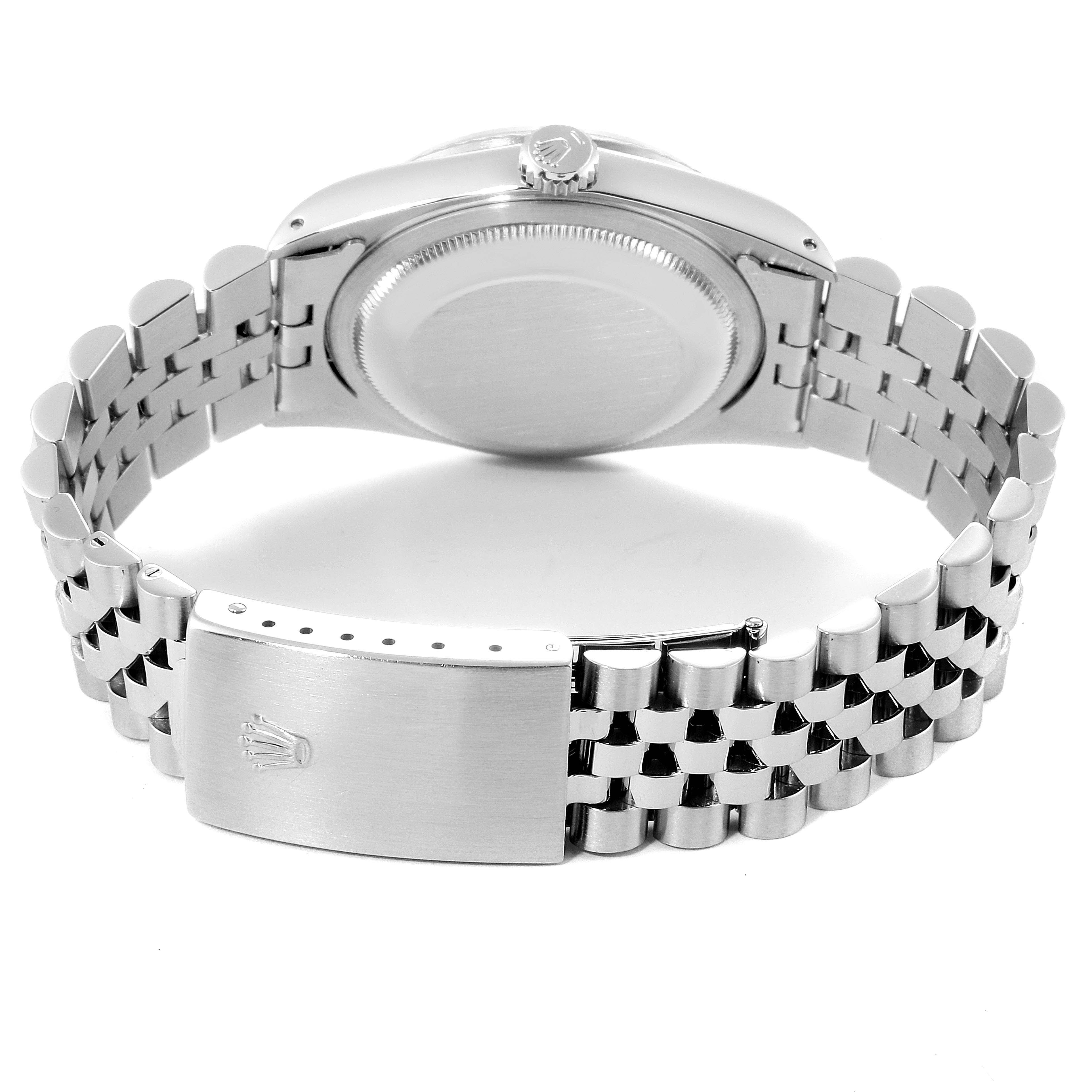 This image shows the back view of a Rolex Datejust 16234 Men's Stainless Steel Silver Dial 16234 Men's Stainless Steel Silver Dial watch, highlighting the case back, crown, and bracelet with clasp.