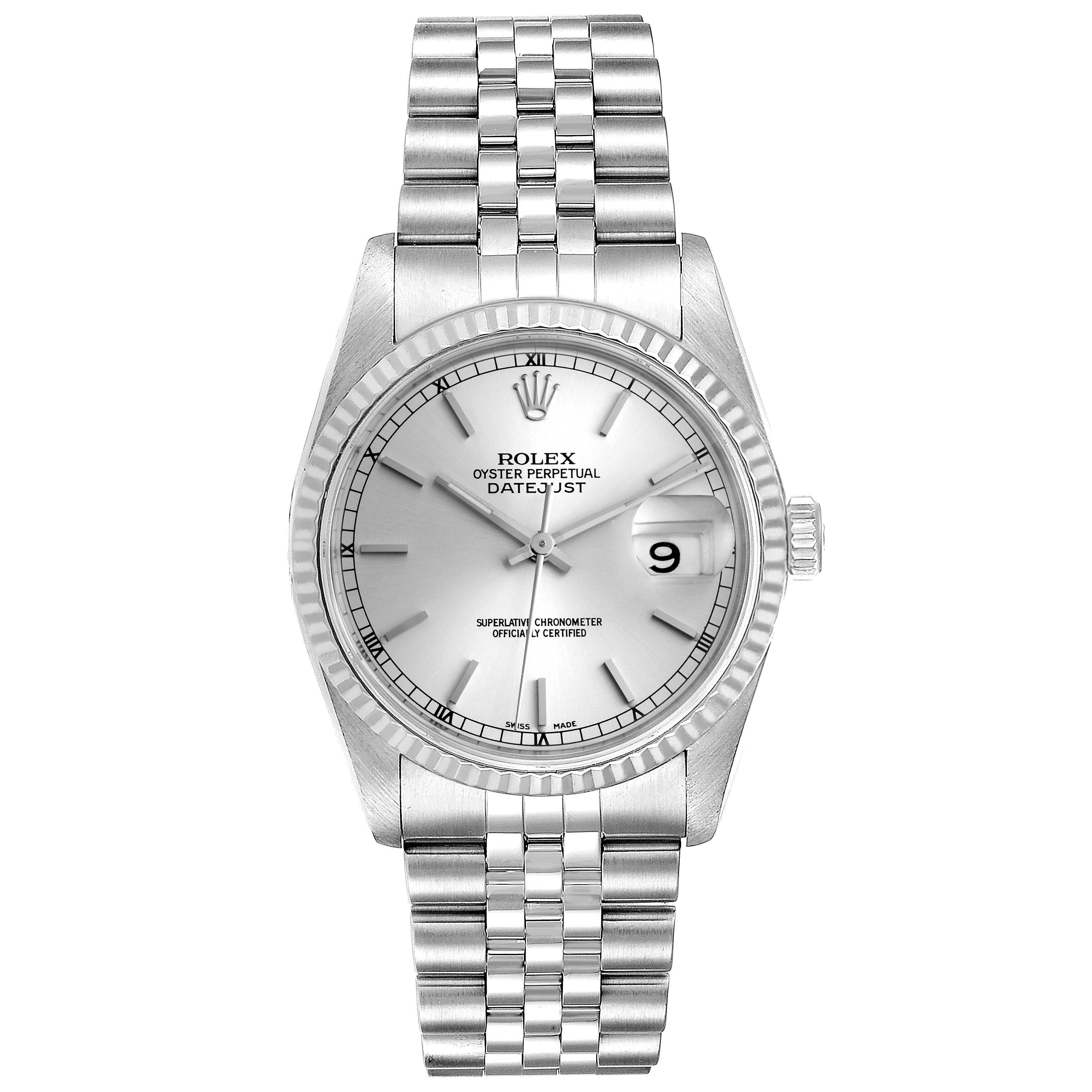 The image shows a front view of a Rolex Datejust 16234 Men's Stainless Steel Silver Dial 16234 Men's Stainless Steel Silver Dial watch, highlighting its dial, bezel, and Jubilee bracelet.