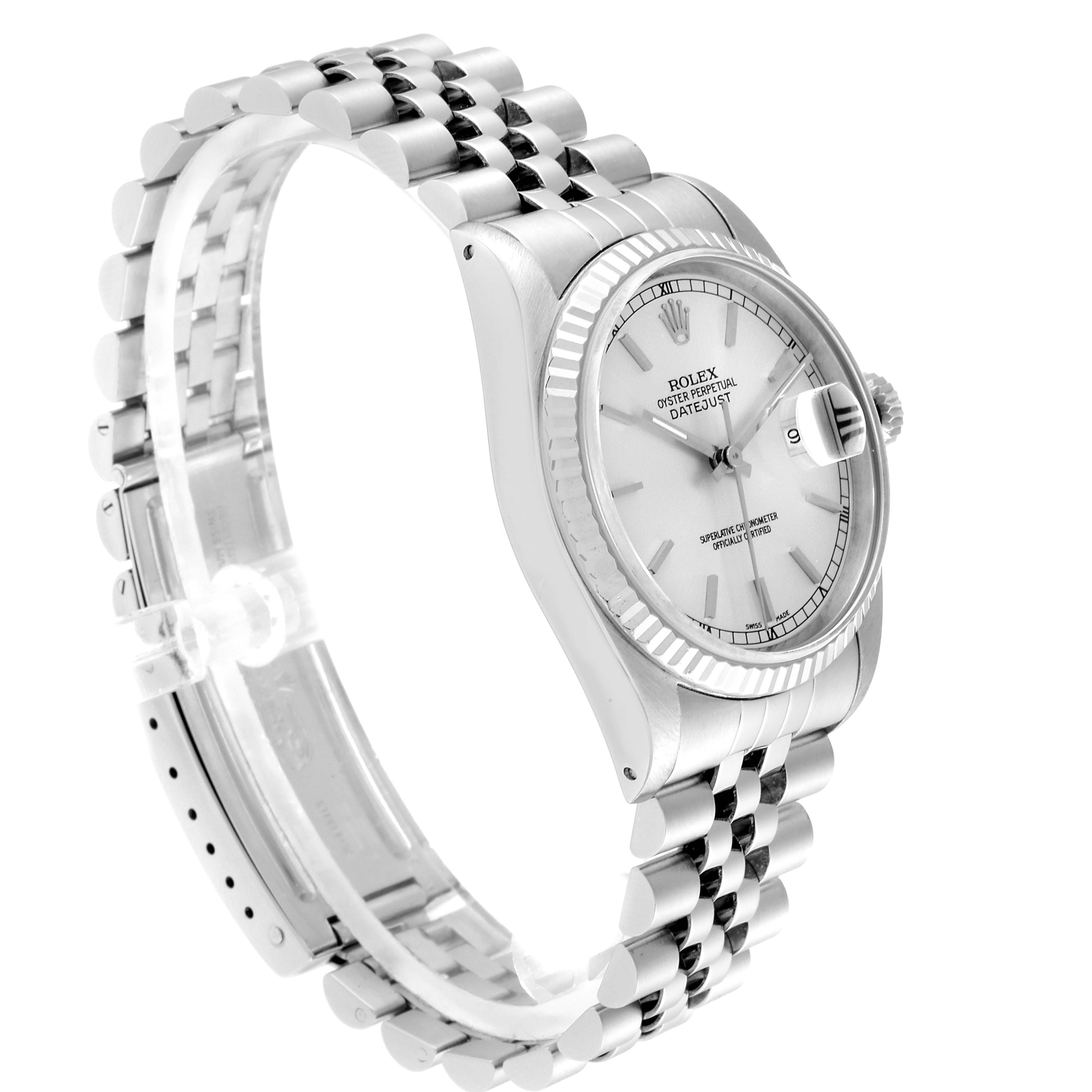 This image shows a side view of the Rolex Datejust 16234 Men's Stainless Steel Silver Dial 16234 Men's Stainless Steel Silver Dial watch, highlighting its face, bezel, and bracelet.