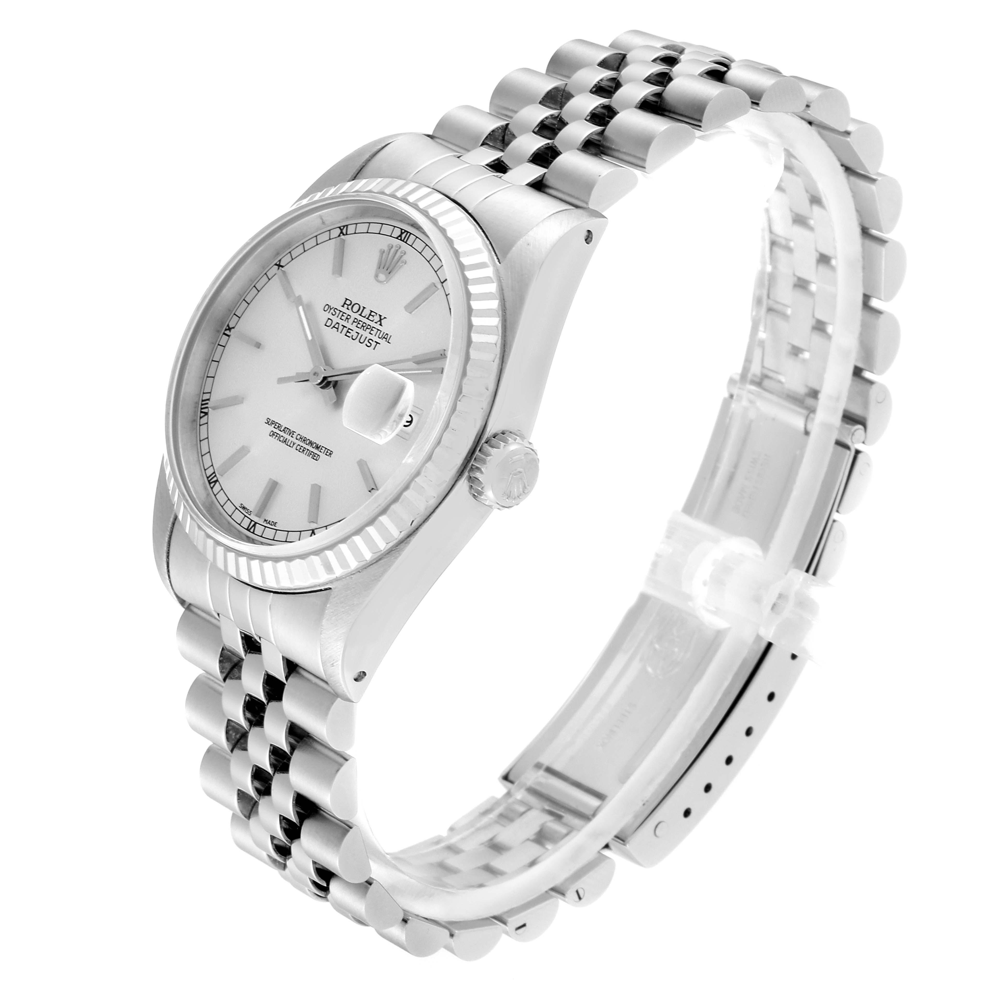 The image shows a Rolex Datejust 16234 Men's Stainless Steel Silver Dial 16234 Men's Stainless Steel Silver Dial watch angled to display the face, bezel, crown, and part of the bracelet.