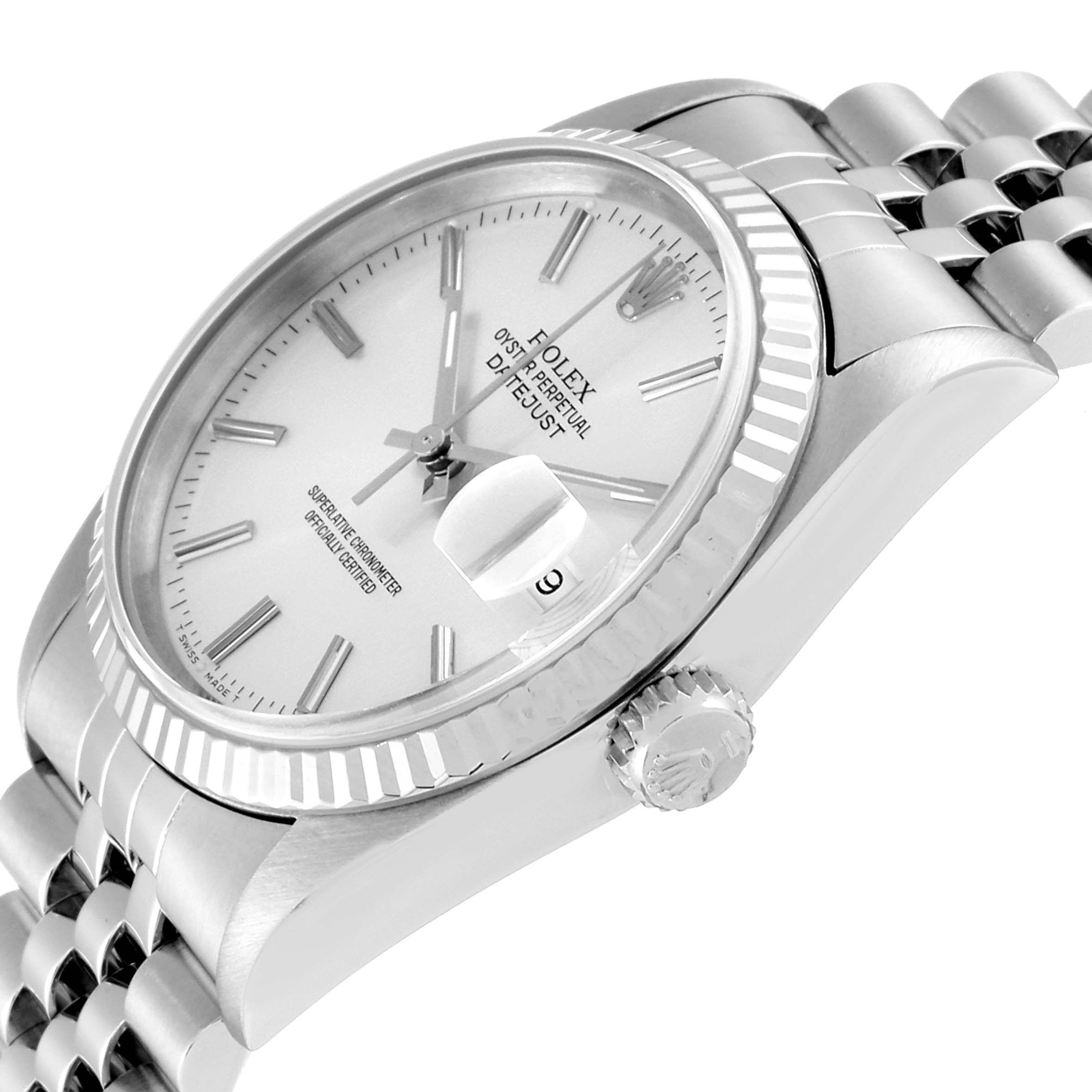 This image shows a close-up of the Rolex Datejust 16234 Men's Stainless Steel Silver Dial 16234 Men's Stainless Steel Silver Dial watch at an oblique angle, highlighting the dial, bezel, and part of the bracelet.