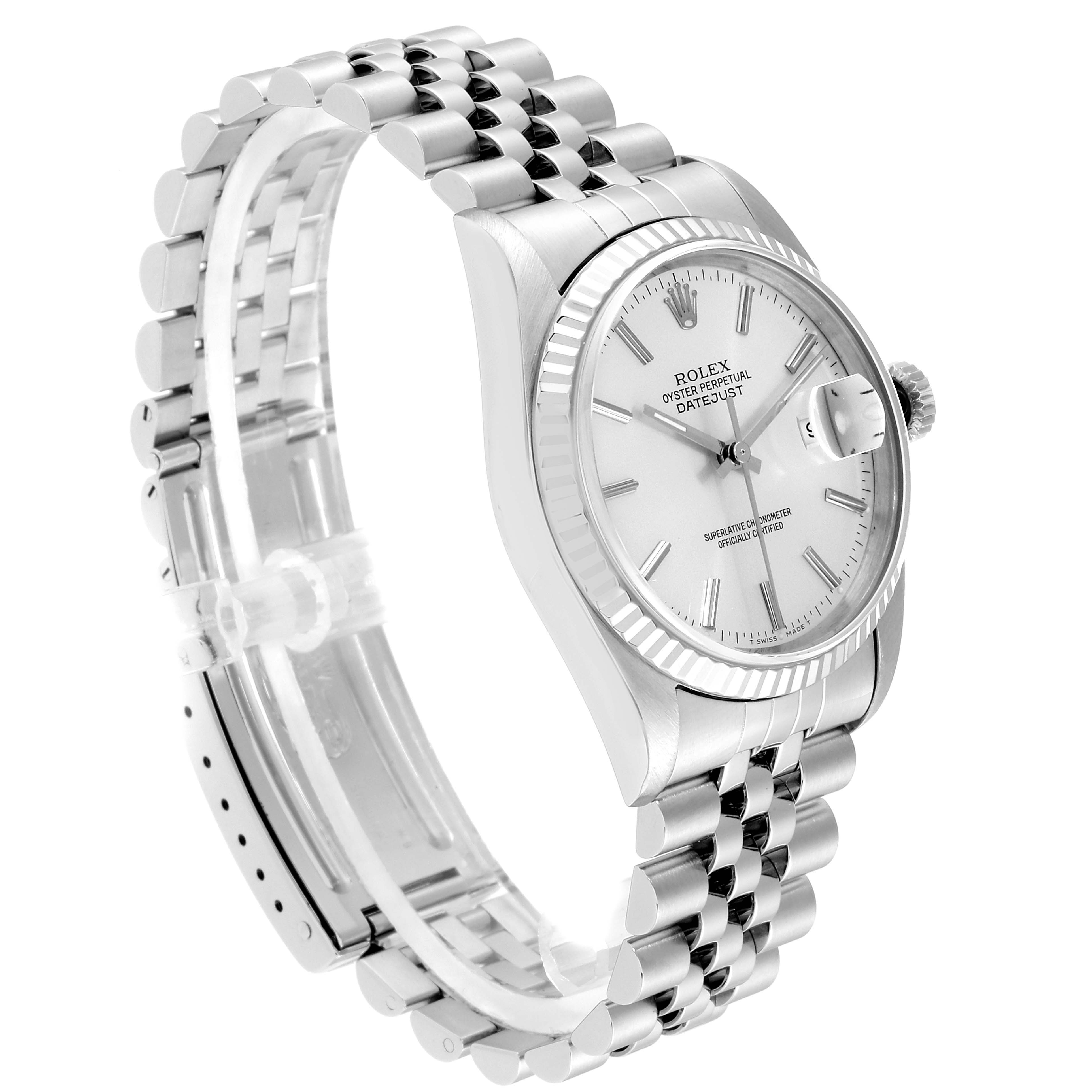 The image shows a side angle of a Rolex Datejust 16234 Men's Stainless Steel Silver Dial 16234 Men's Stainless Steel Silver Dial watch, focusing on the dial, bezel, and jubilee bracelet.