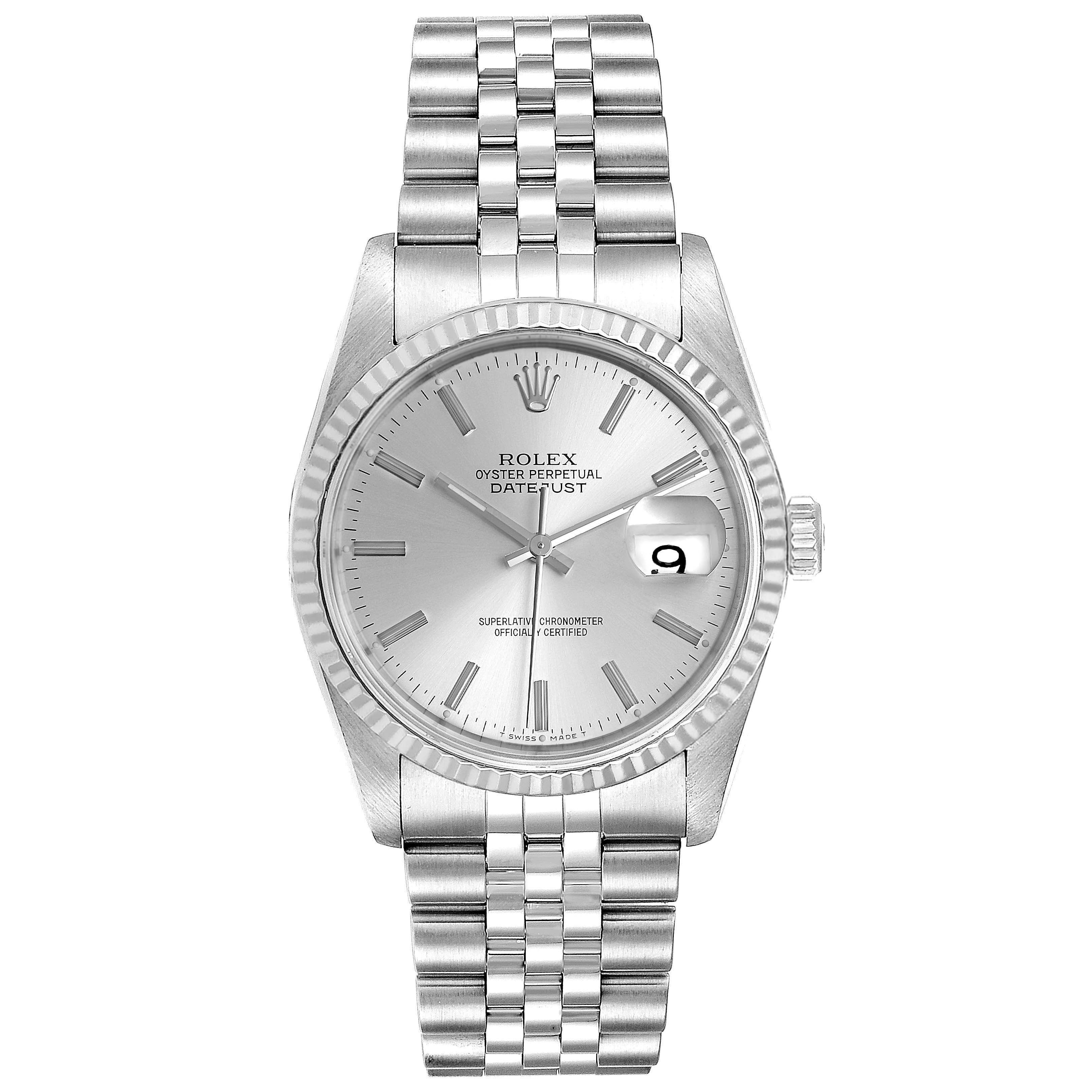 The image shows a full front view of a Rolex Datejust 16234 Men's Stainless Steel Silver Dial 16234 Men's Stainless Steel Silver Dial watch, featuring the dial, case, bezel, bracelet, and crown.