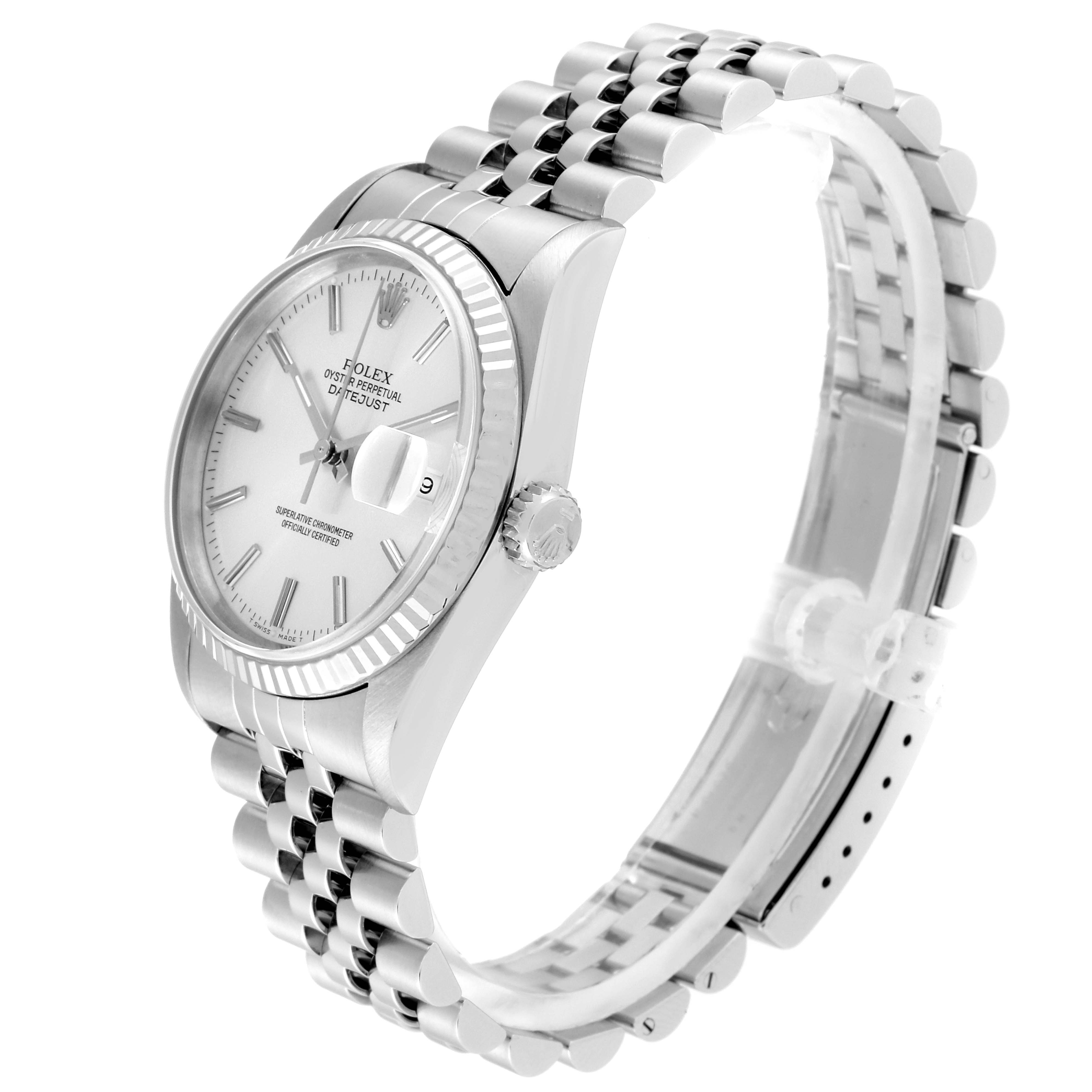 This image shows a side view of a Rolex Datejust 16234 Men's Stainless Steel Silver Dial 16234 Men's Stainless Steel Silver Dial watch, highlighting its face, fluted bezel, crown, and jubilee bracelet.