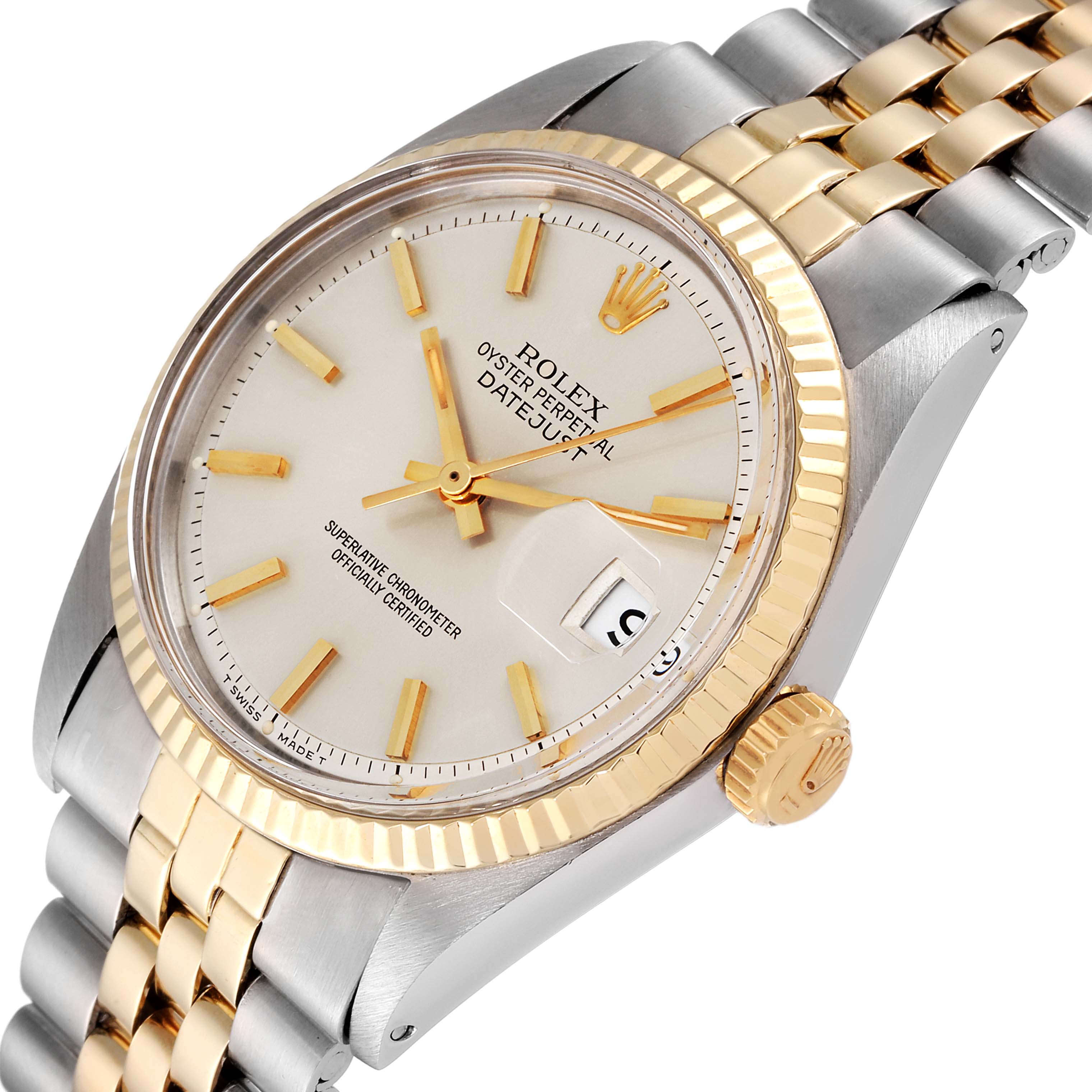 This image shows a Rolex Vintage Collection 1601 Men
s Steel and Gold (two tone) Silver Dial 1601 Men
s Steel and Gold (two tone) Silver Dial watch at an angled close-up, highlighting the dial, bezel, and two-tone bracelet.