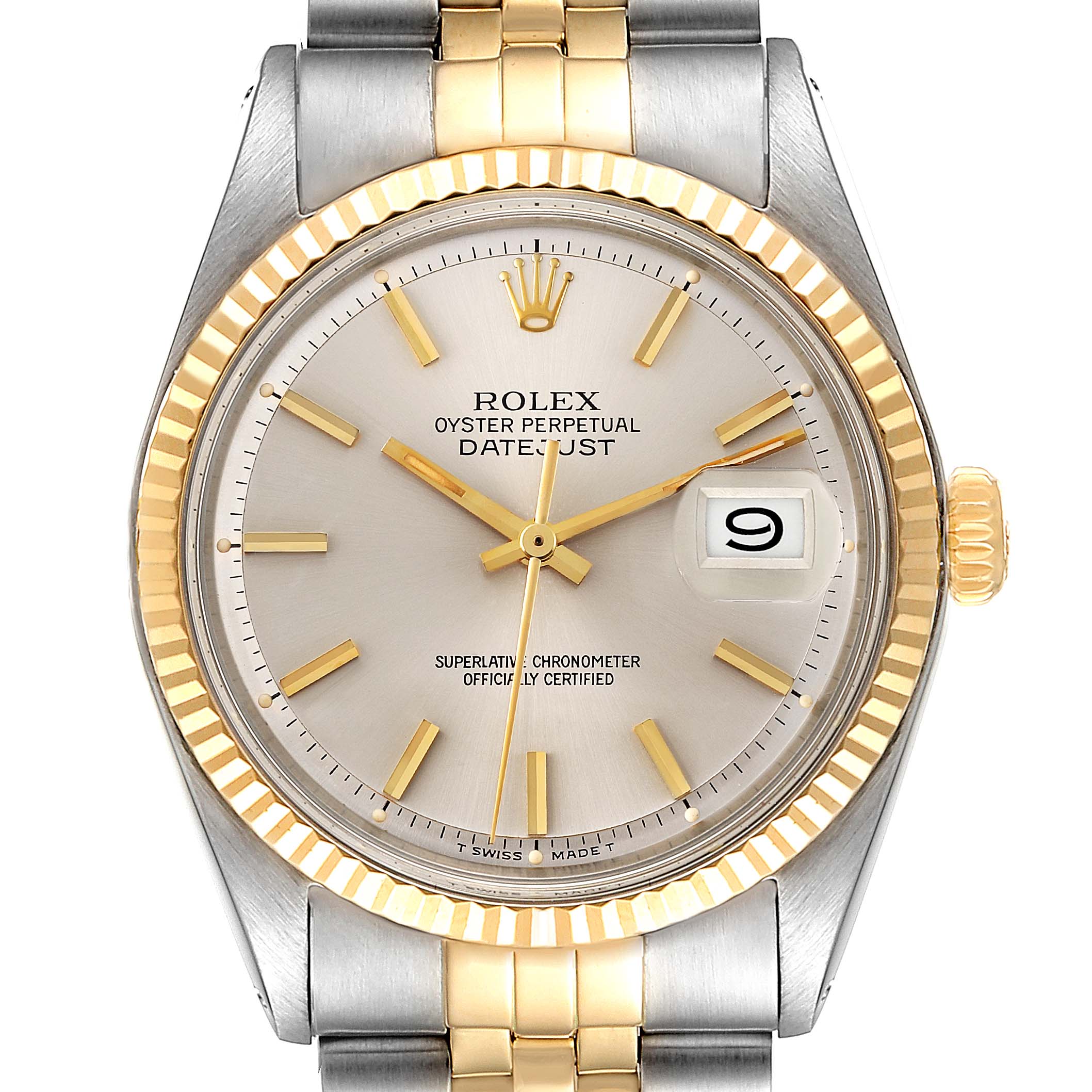 The Rolex Vintage Collection 1601 Men
s Steel and Gold (two tone) Silver Dial 1601 Men
s Steel and Gold (two tone) Silver Dial model shows a close-up of the watch face, bezel, crown, and part of the two-tone bracelet.