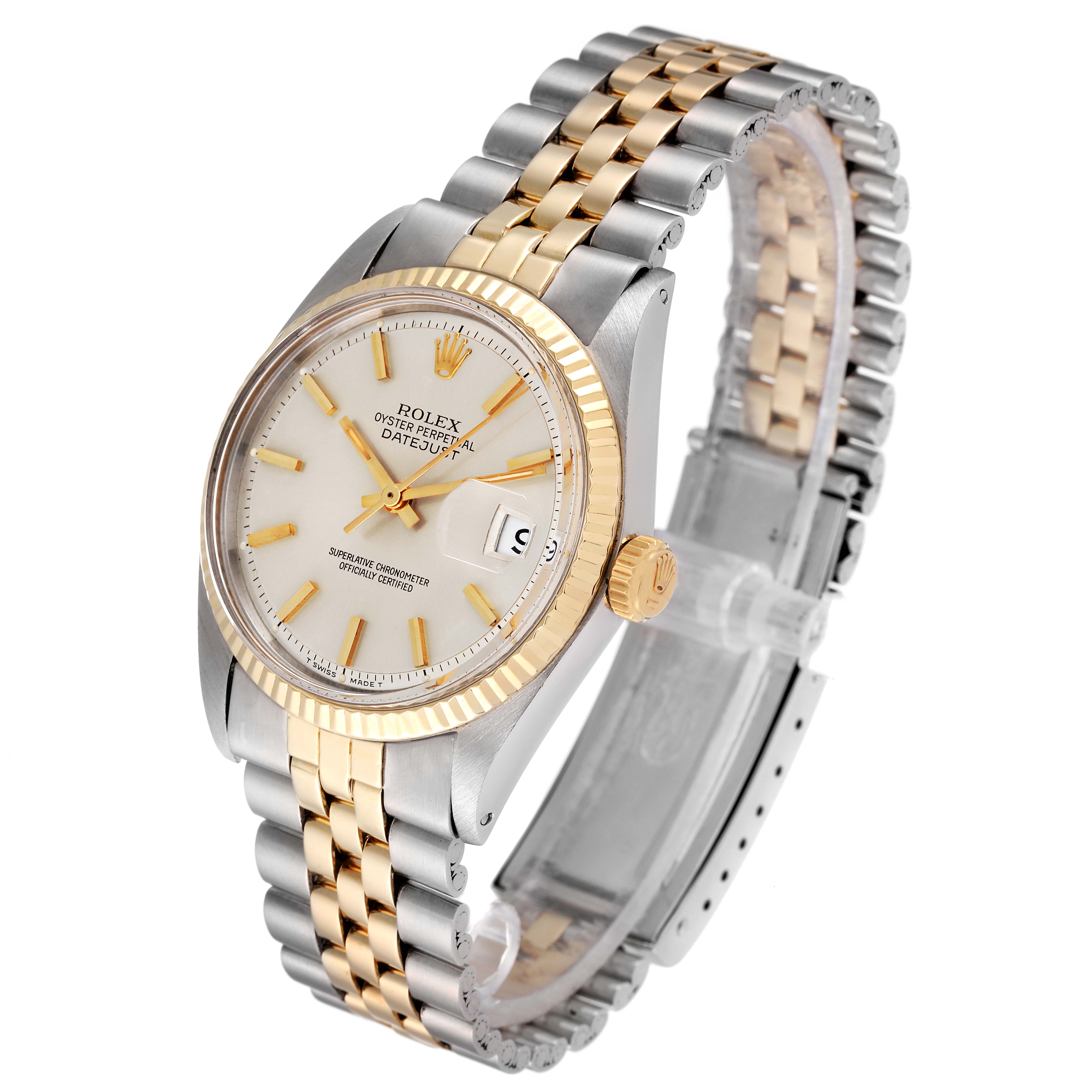 The image shows a Rolex Vintage Collection 1601 Men
s Steel and Gold (two tone) Silver Dial 1601 Men
s Steel and Gold (two tone) Silver Dial Datejust model at a side angle, highlighting its two-tone bracelet, watch face, and crown.
