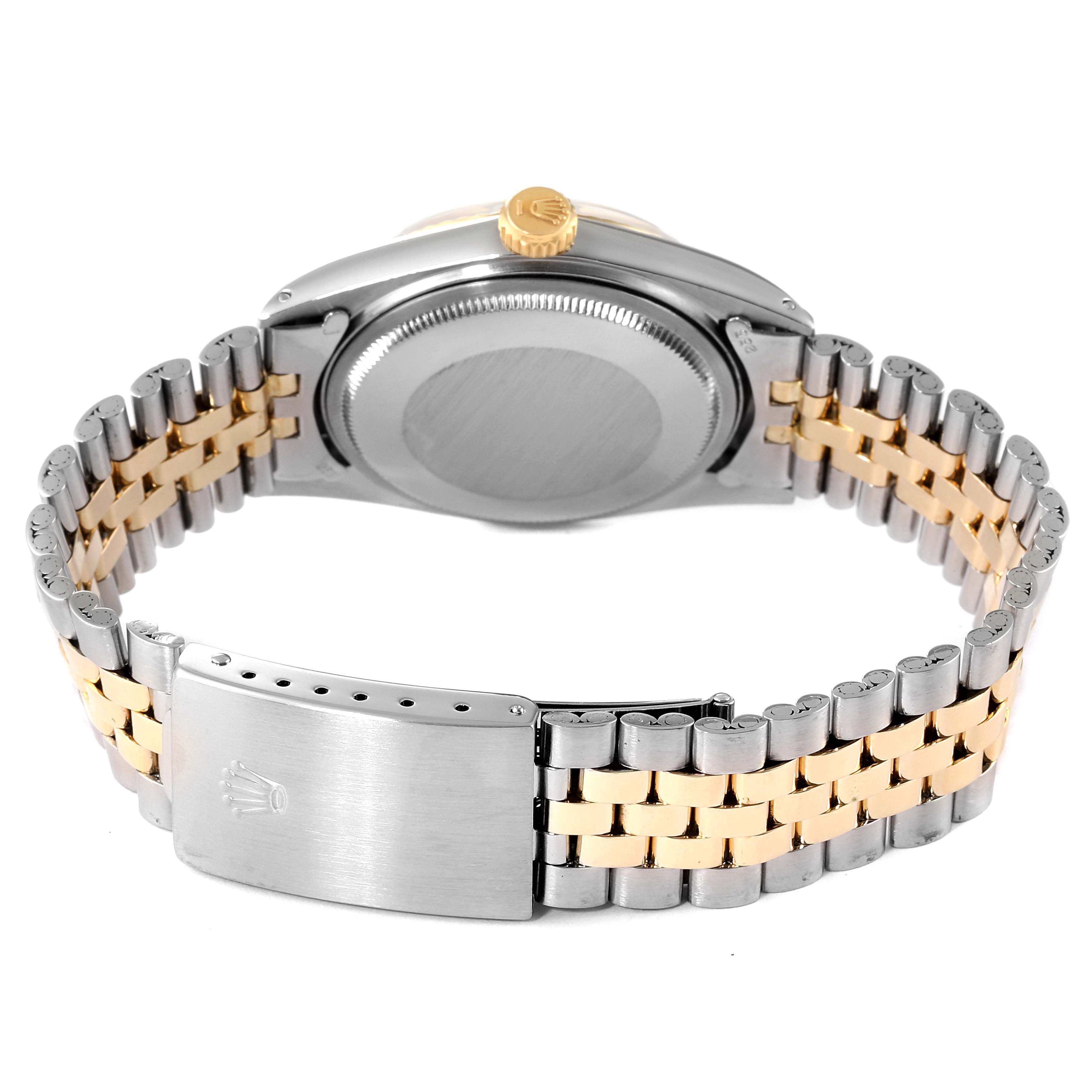 The image shows the back angle of a Rolex Vintage Collection 1601 Men
s Steel and Gold (two tone) Silver Dial 1601 Men
s Steel and Gold (two tone) Silver Dial watch, highlighting the case back, crown, and two-tone Jubilee bracelet with clasp.