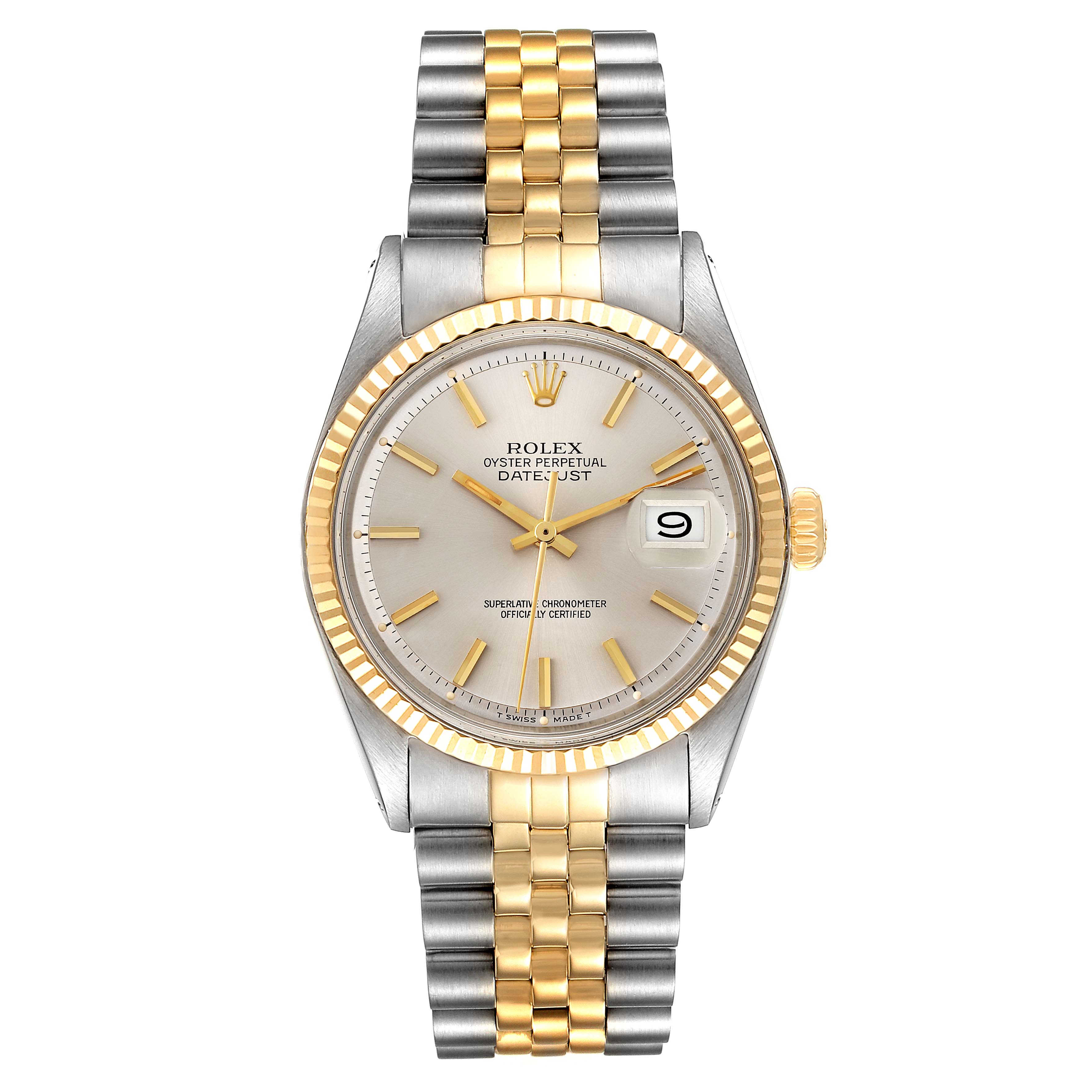 The image shows a Rolex Vintage Collection 1601 Men
s Steel and Gold (two tone) Silver Dial 1601 Men
s Steel and Gold (two tone) Silver Dial model watch from a straight-on angle, highlighting the dial, bezel, and bracelet.