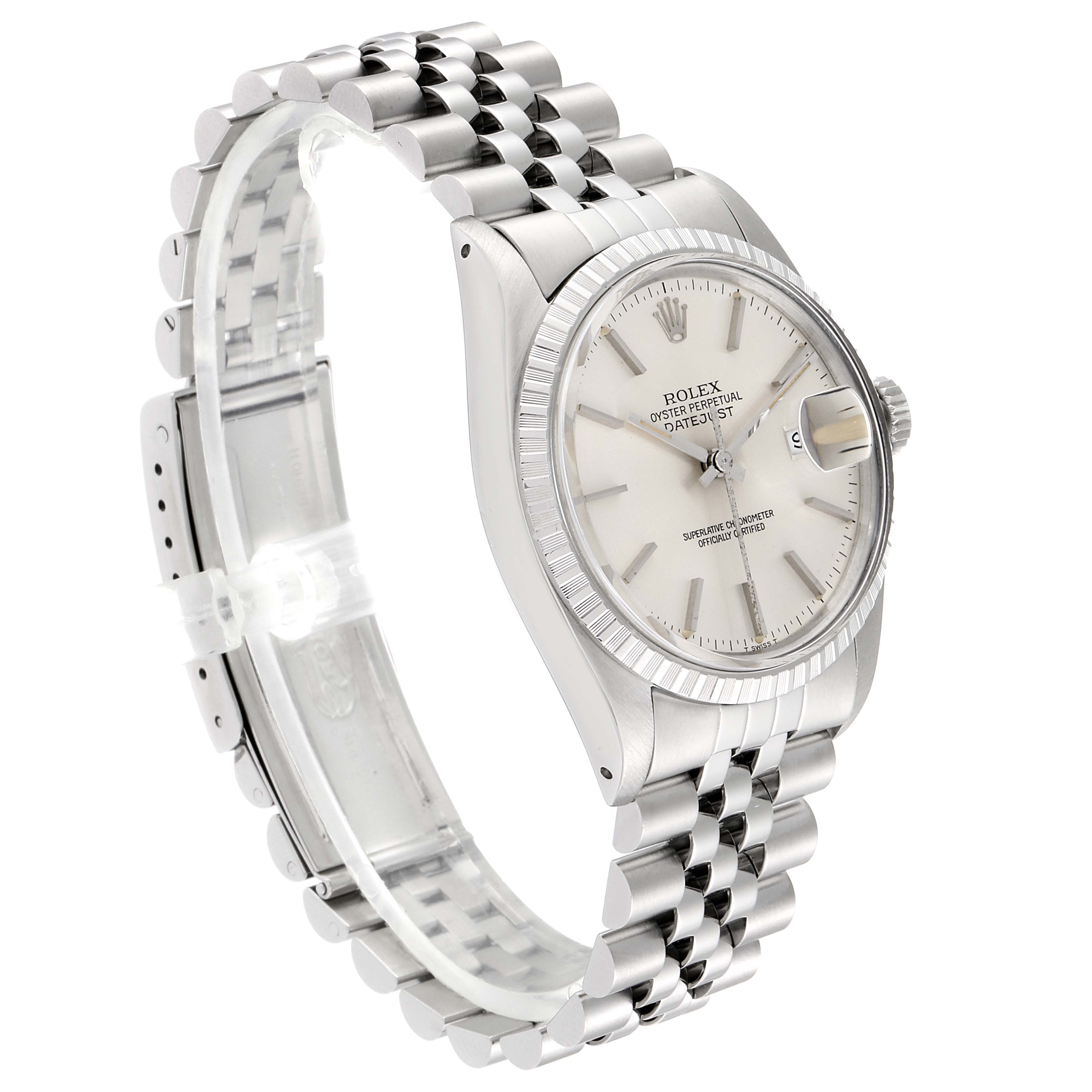 The image shows a side view of the Vintage Collection Rolex Oyster Perpetual Datejust watch, highlighting the dial, bracelet, and bezel.