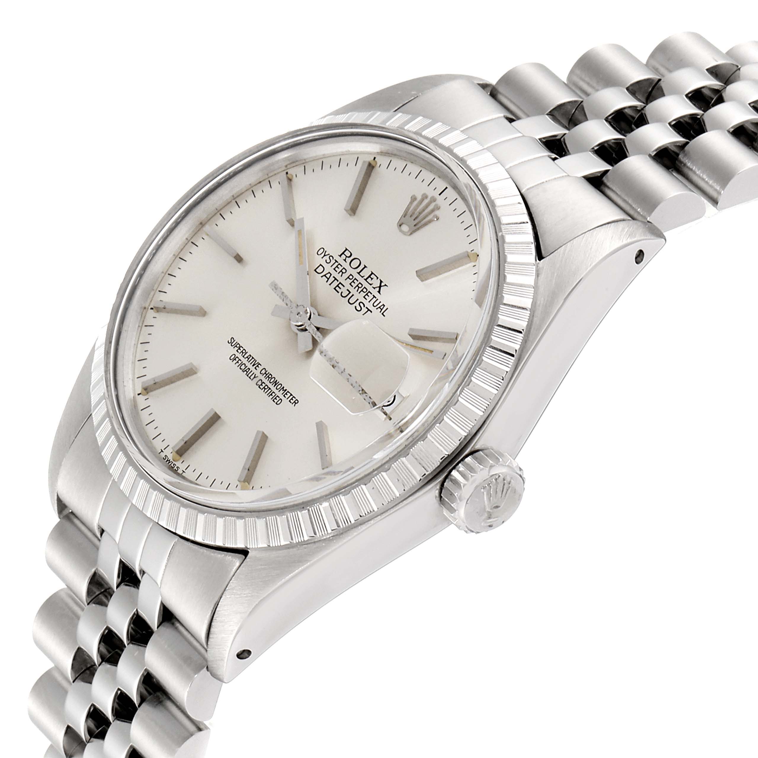 The image shows a Rolex Vintage Collection 16030 Men's Stainless Steel Silver Dial 16030 Men's Stainless Steel Silver Dial watch at an angled side view, highlighting its face, bezel, crown, and metal strap.