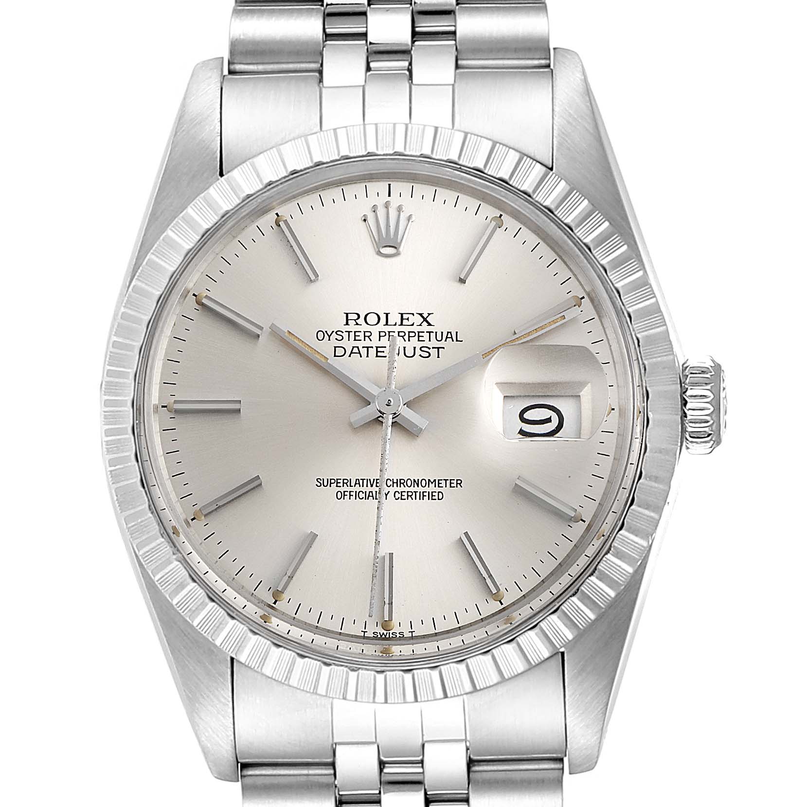 This is a front-facing view of a Rolex Vintage Collection 16030 Men's Stainless Steel Silver Dial 16030 Men's Stainless Steel Silver Dial Oyster Perpetual Datejust showing the face, bracelet, and crown.