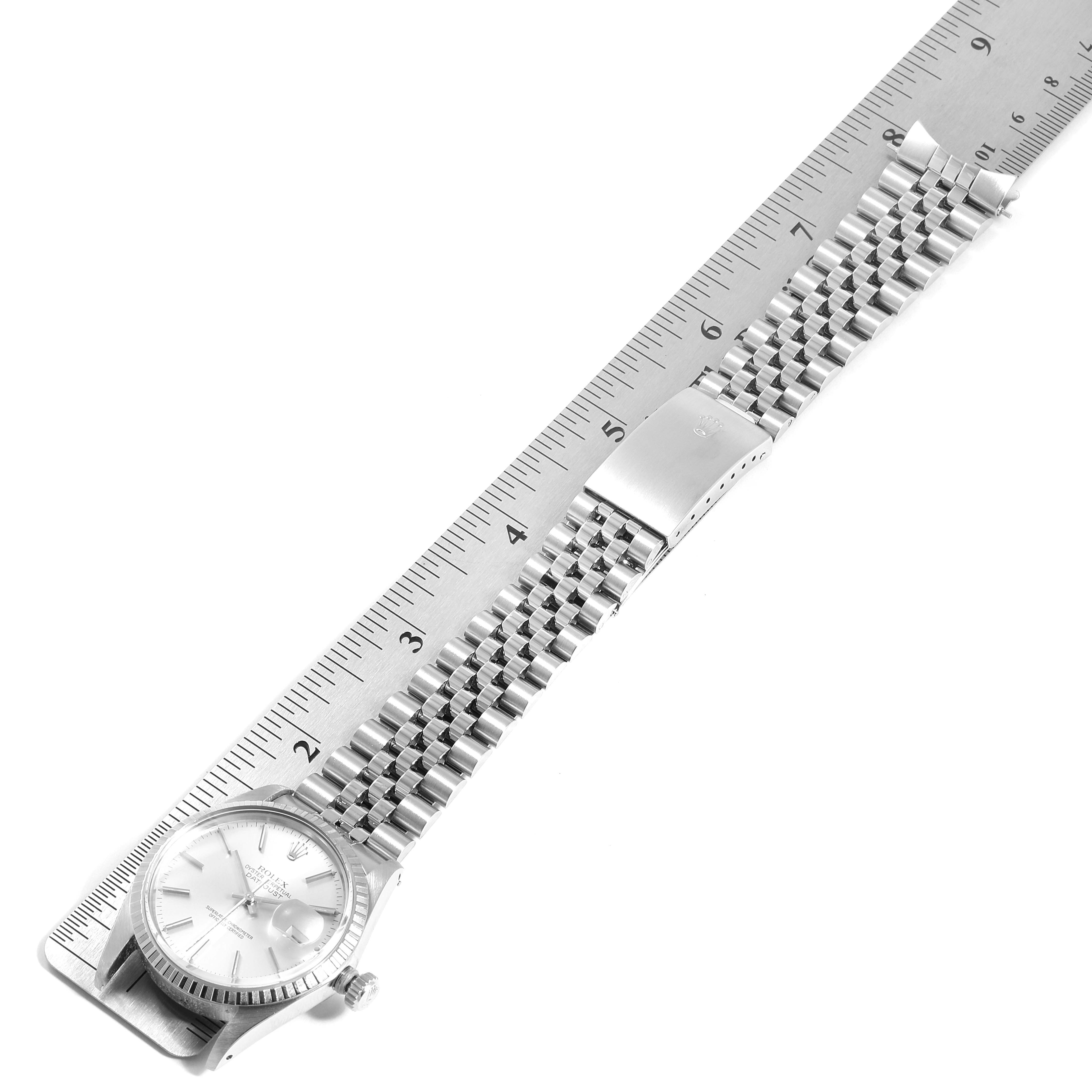 The image shows a Rolex Vintage Collection 16030 Men's Stainless Steel Silver Dial 16030 Men's Stainless Steel Silver Dial watch from above, featuring its face, bracelet, and clasp measured against a ruler.