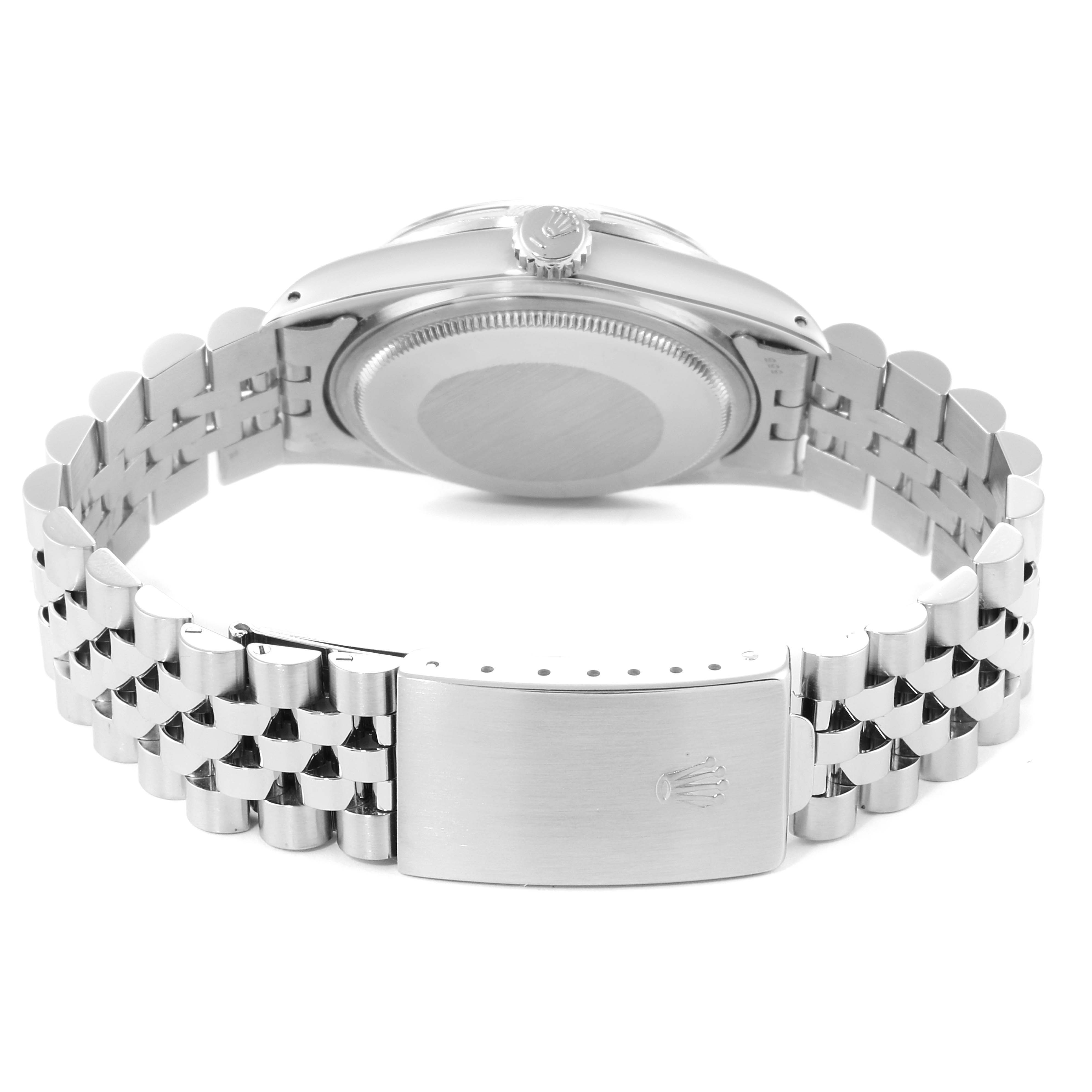 The image shows the back view of a Rolex Vintage Collection 16030 Men's Stainless Steel Silver Dial 16030 Men's Stainless Steel Silver Dial watch, highlighting the case back and the clasp along with part of the bracelet.