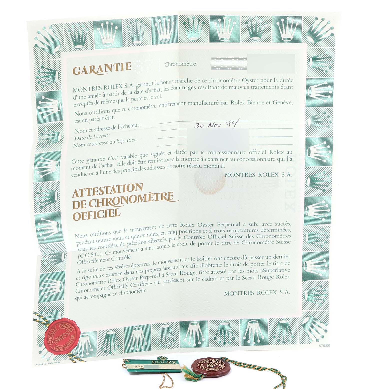 The image shows the warranty and certification documents for the Vintage Collection model by Rolex.