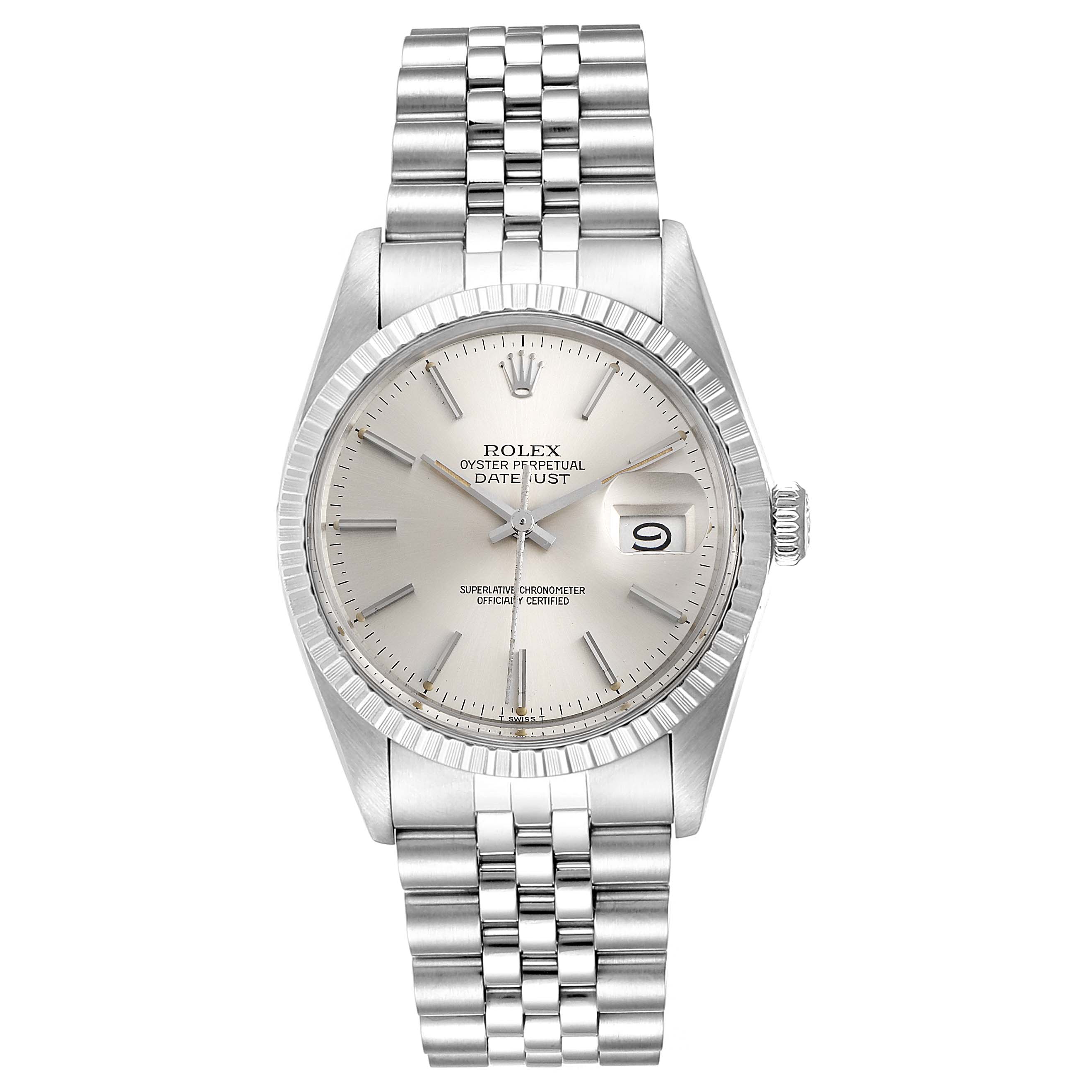 The image shows a front view of a Rolex Vintage Collection 16030 Men's Stainless Steel Silver Dial 16030 Men's Stainless Steel Silver Dial Datejust watch displaying the dial, bezel, crown, and bracelet.